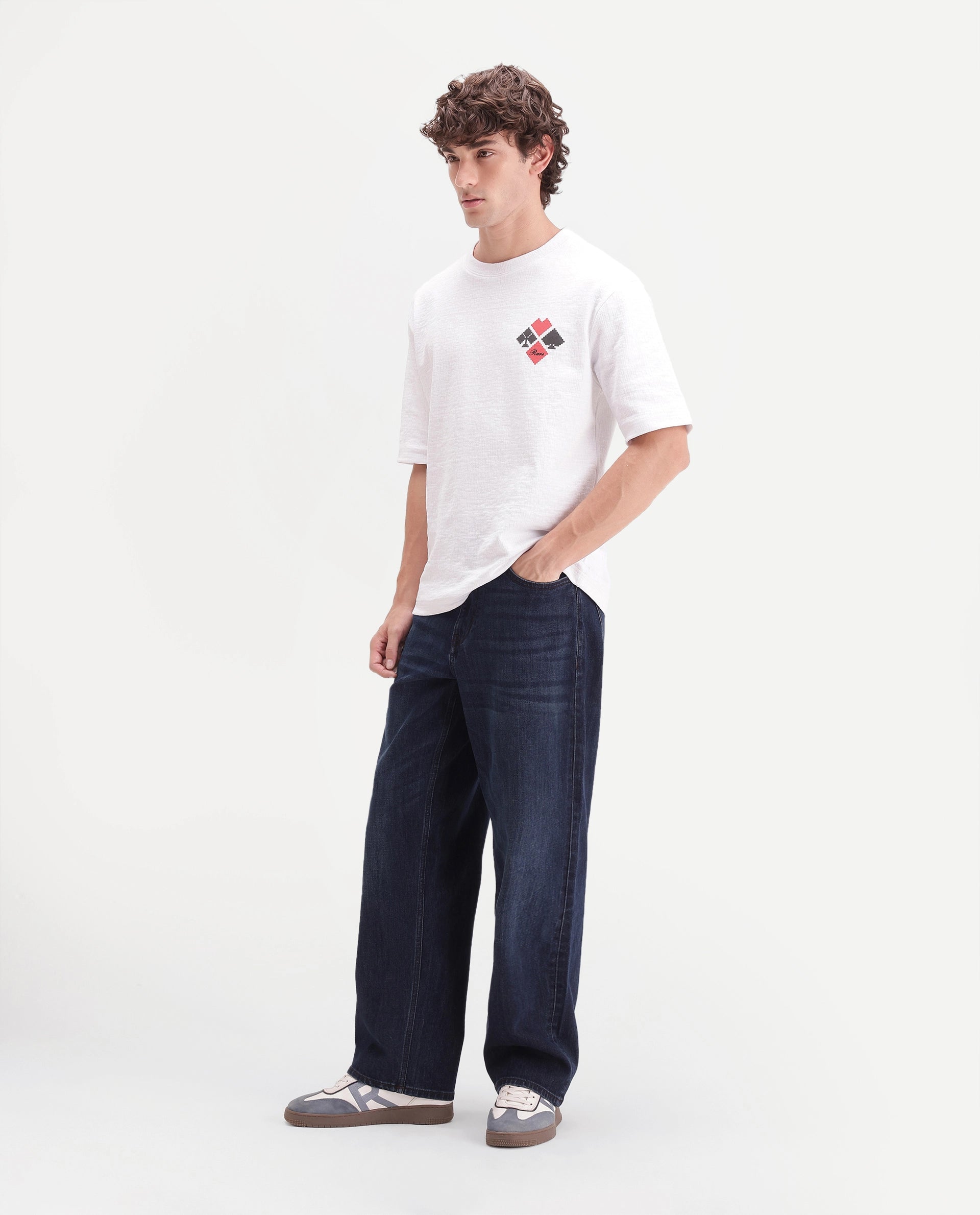 Rare Rabbit Men's Loom Dark Navy Cotton Blend Relaxed Plain Jeans