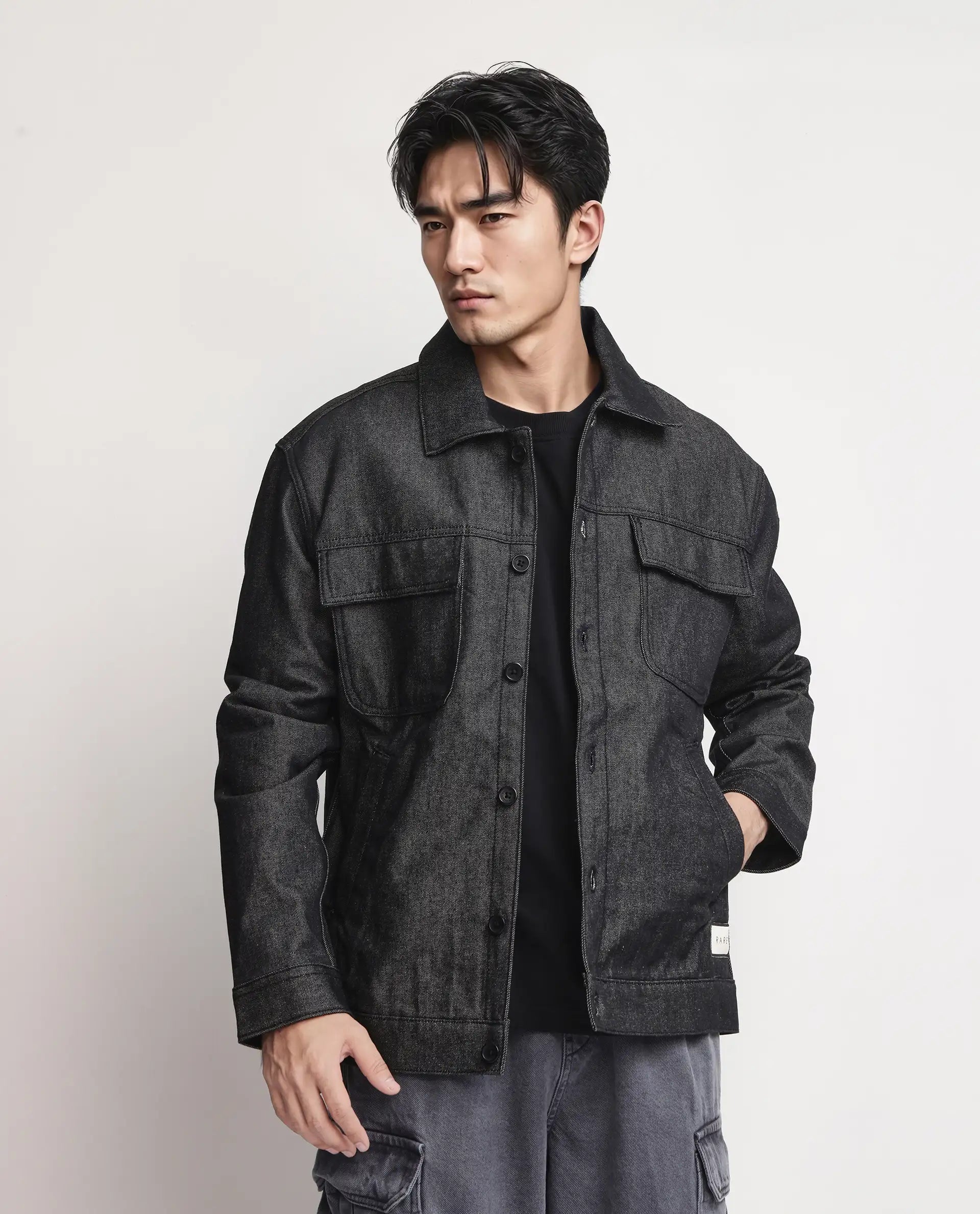 Rare Rabbit Men Loon Black Cotton Fabric Collared Neck Jacket