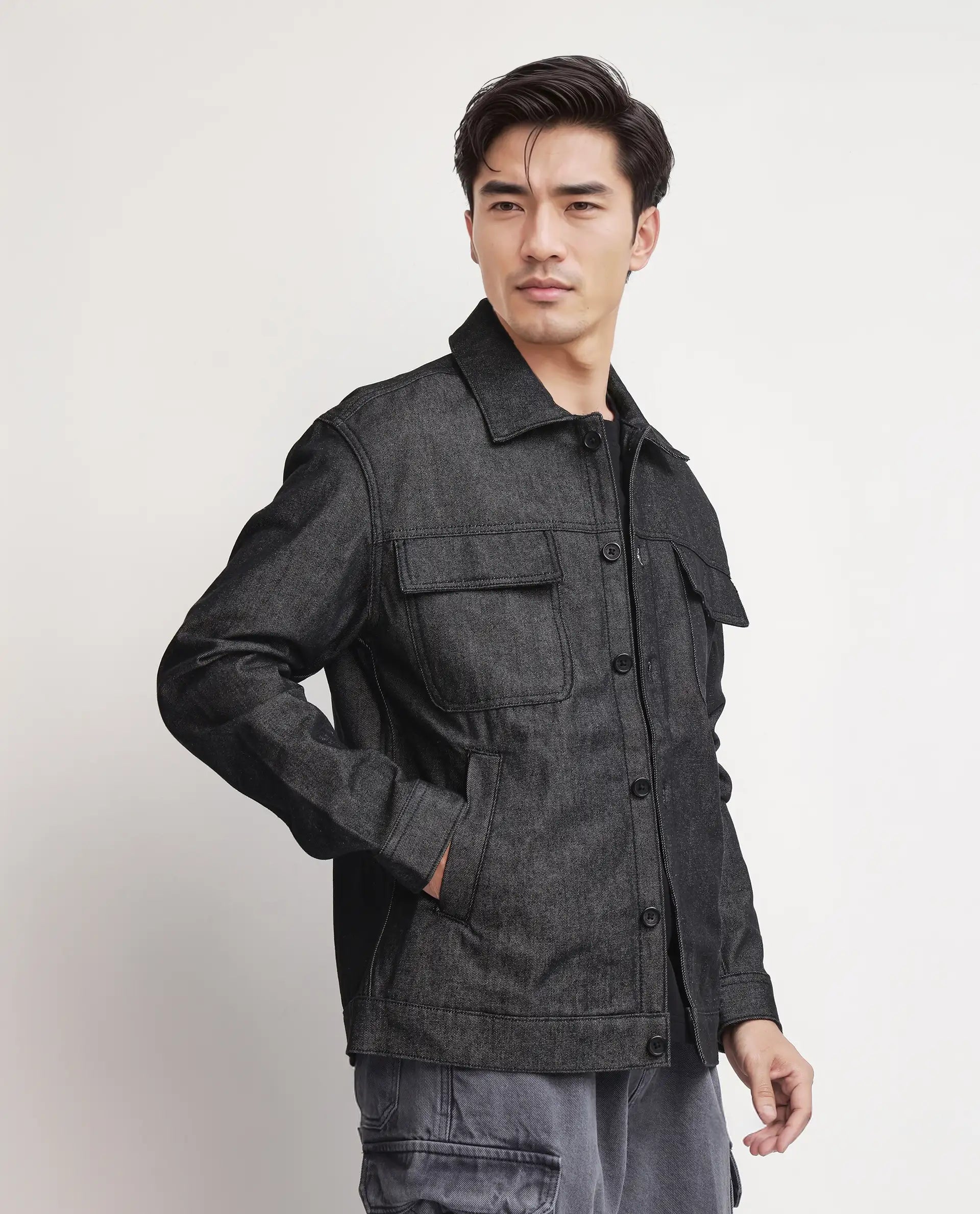 Rare Rabbit Men Loon Black Cotton Fabric Collared Neck Jacket