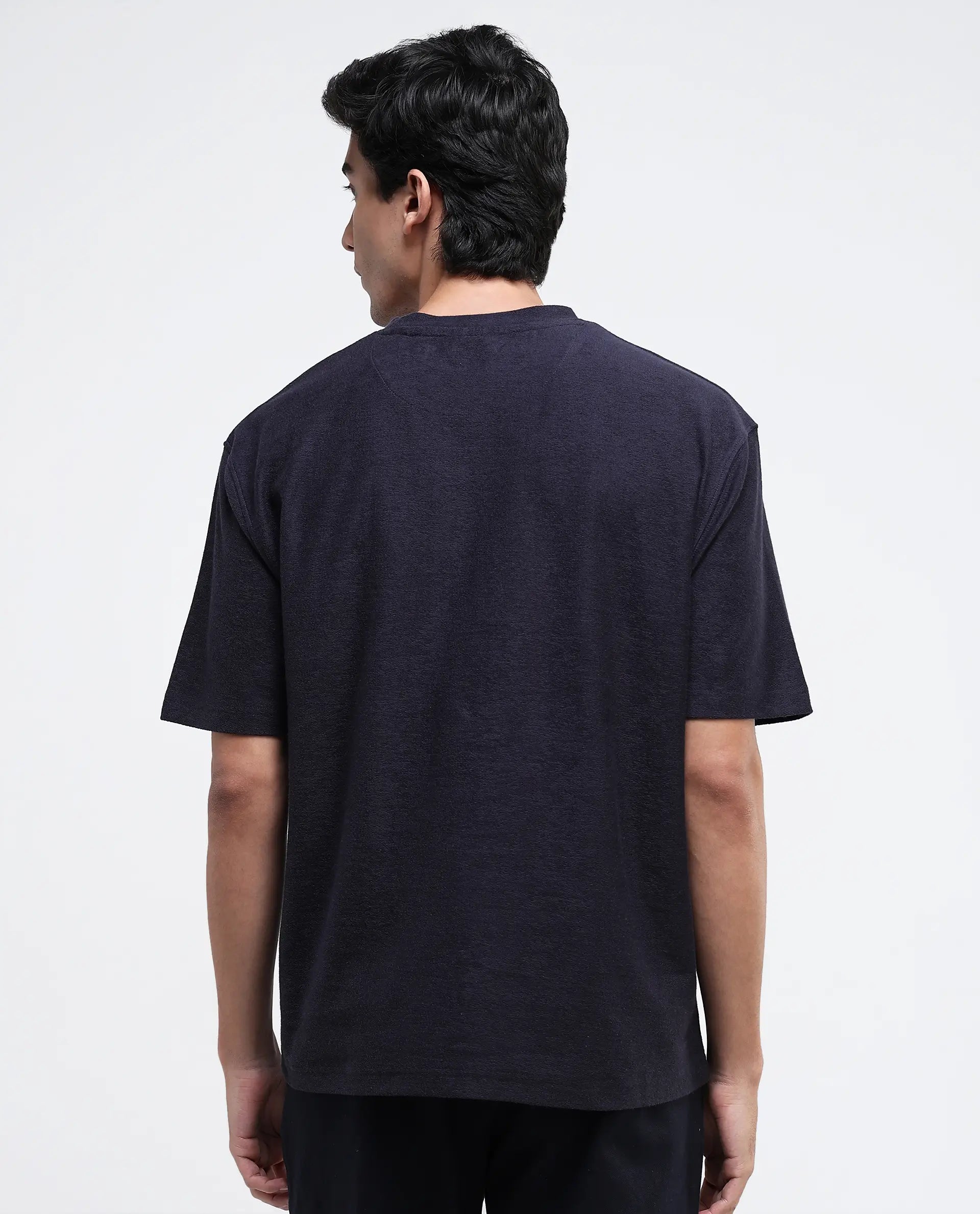 Rare Rabbit Men Loopet-1 Navy Cotton Lycra Fabric Half Sleeves Floral Print Pocket Detailing Oversized Fit Solid T-Shirt