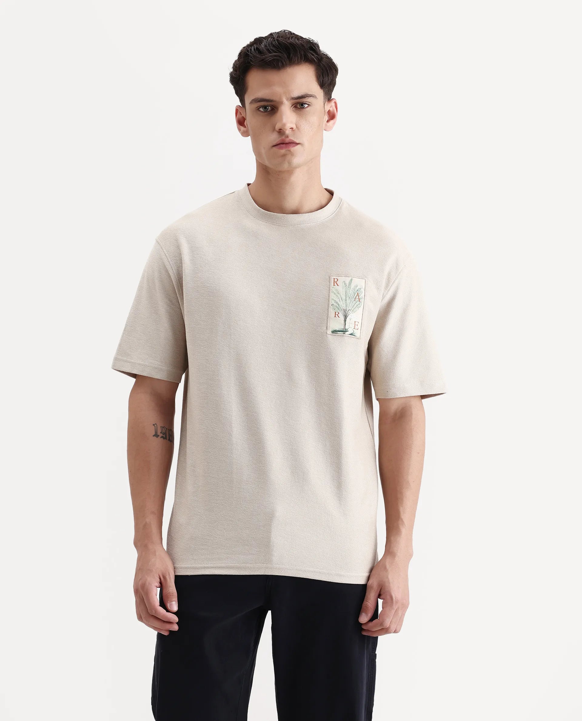 Rare Rabbit Men's Loopet Beige Cotton Embroidered Oversized Fit Half Sleeve Crew Neck T-Shirt