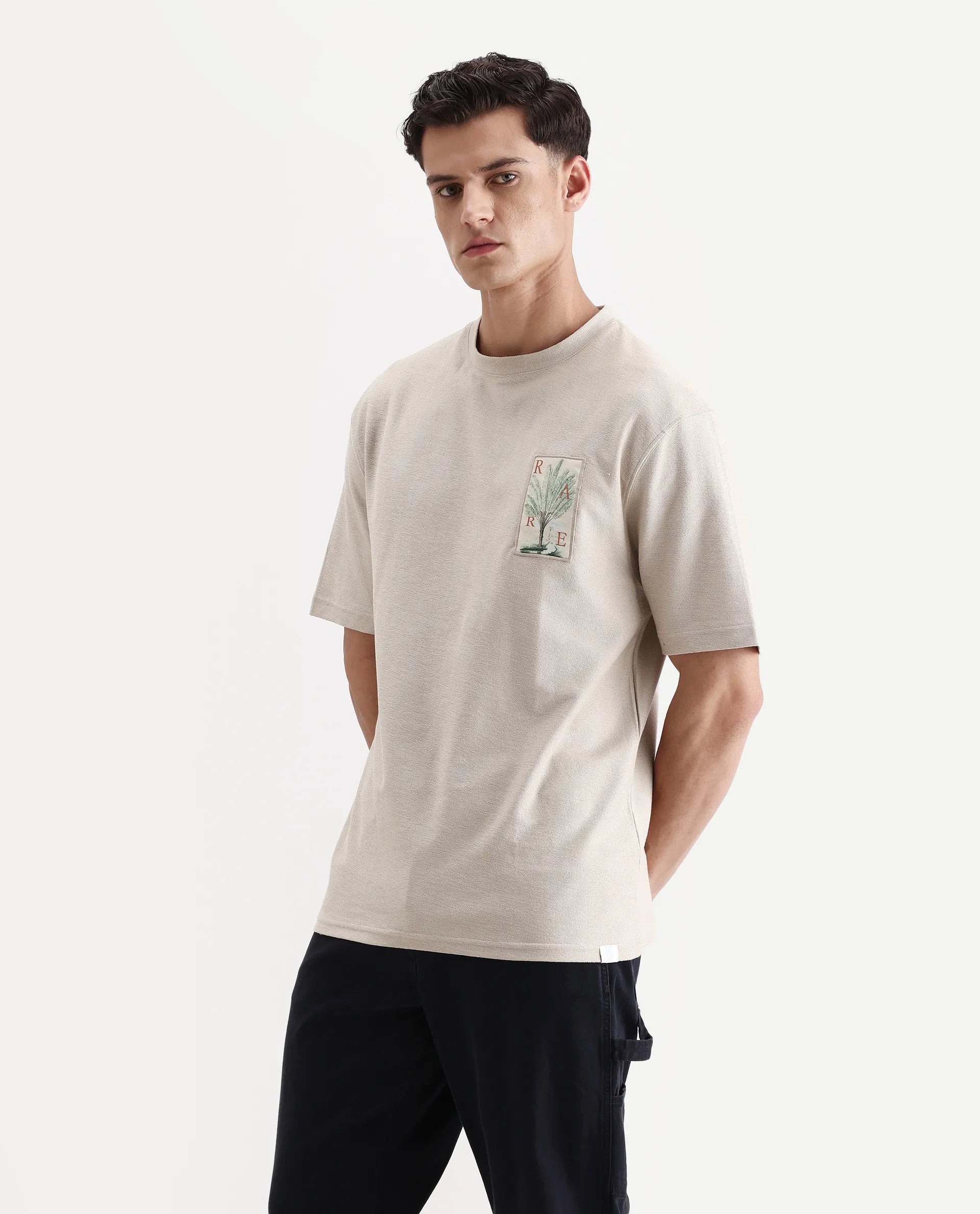 Rare Rabbit Men's Loopet Beige Cotton Embroidered Oversized Fit Half Sleeve Crew Neck T-Shirt