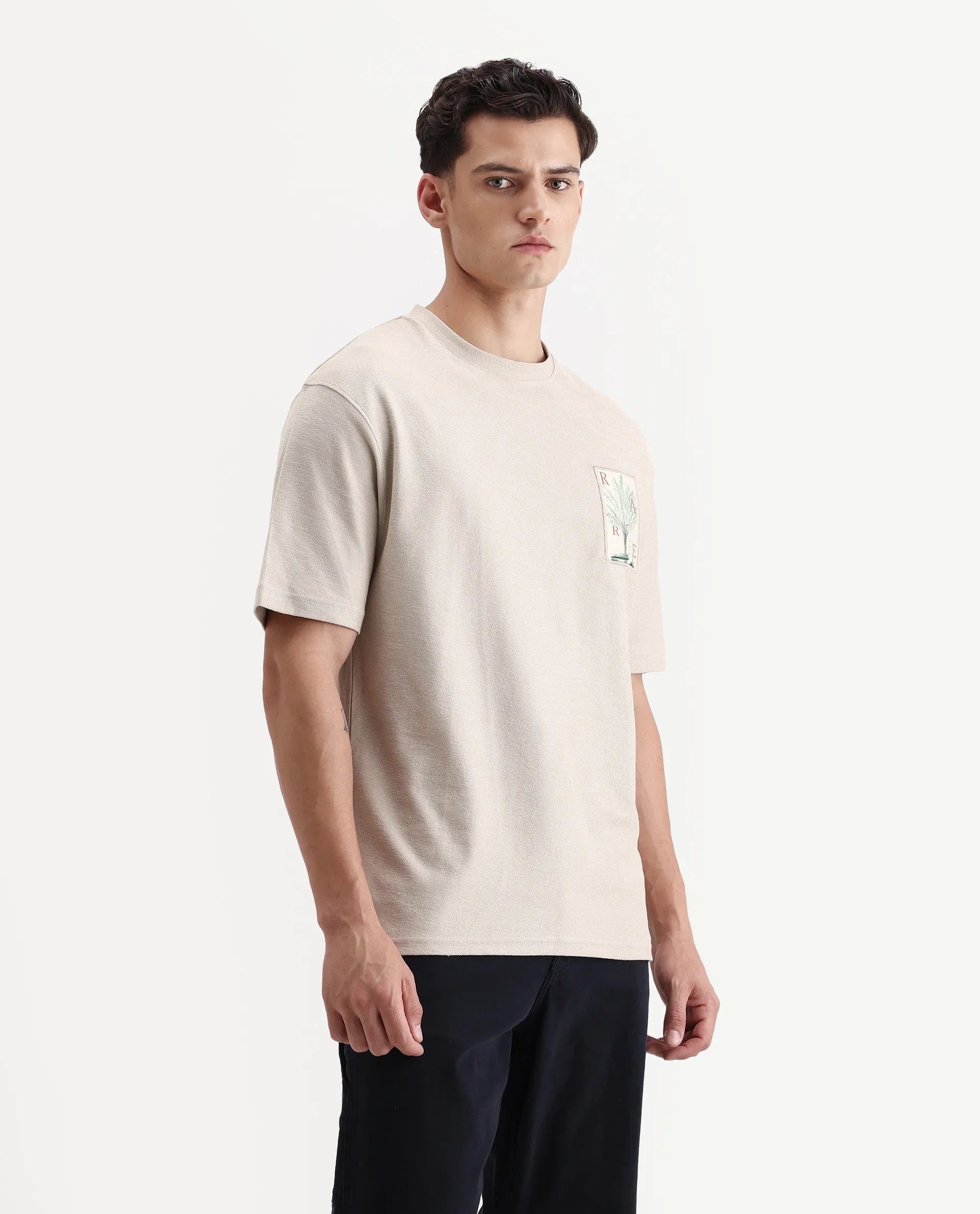 Rare Rabbit Men's Loopet Beige Cotton Embroidered Oversized Fit Half Sleeve Crew Neck T-Shirt