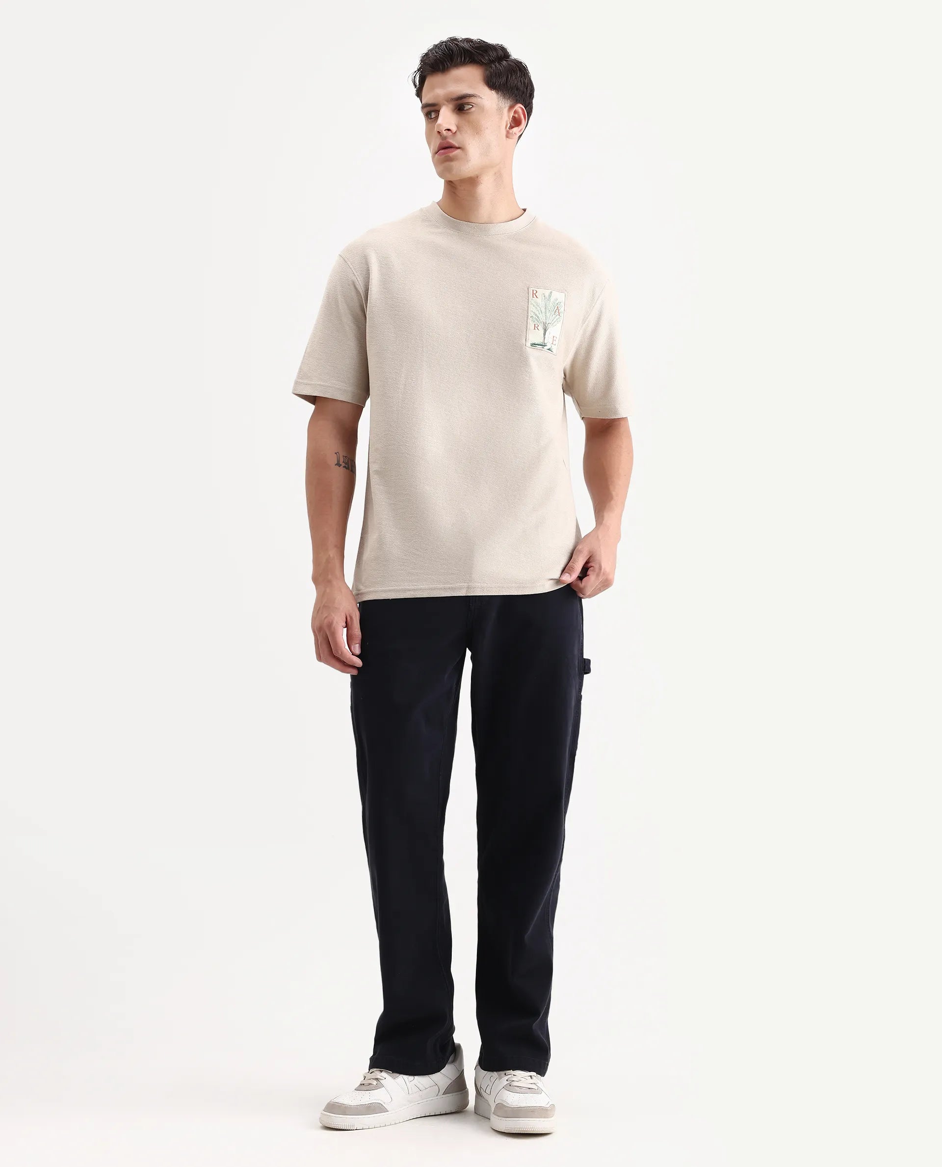 Rare Rabbit Men's Loopet Beige Cotton Embroidered Oversized Fit Half Sleeve Crew Neck T-Shirt