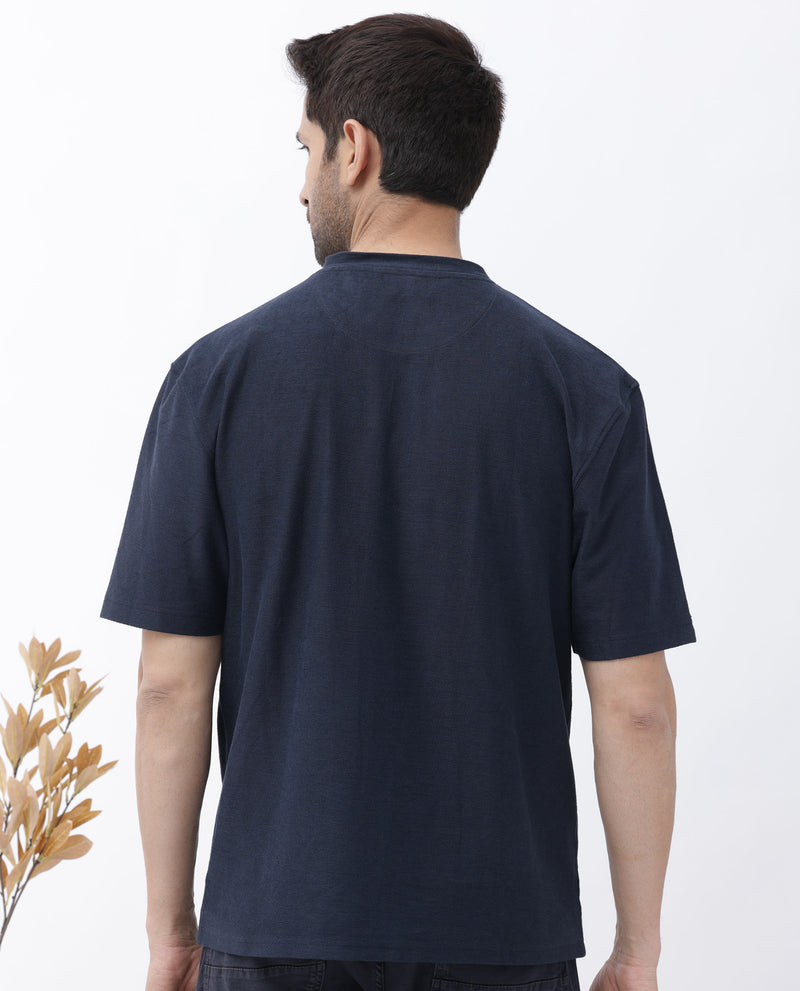 Rare Rabbit Mens Loopet Navy Short Sleeve Oversized Graphic Printed T-Shirt