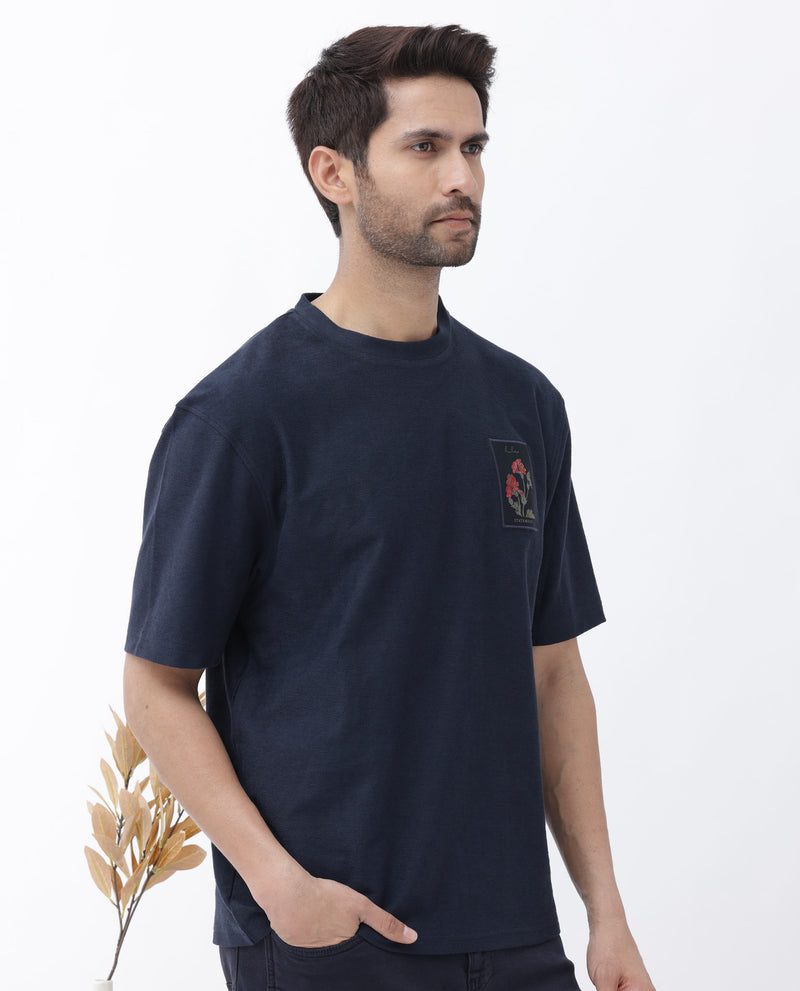 Rare Rabbit Mens Loopet Navy Short Sleeve Oversized Graphic Printed T-Shirt