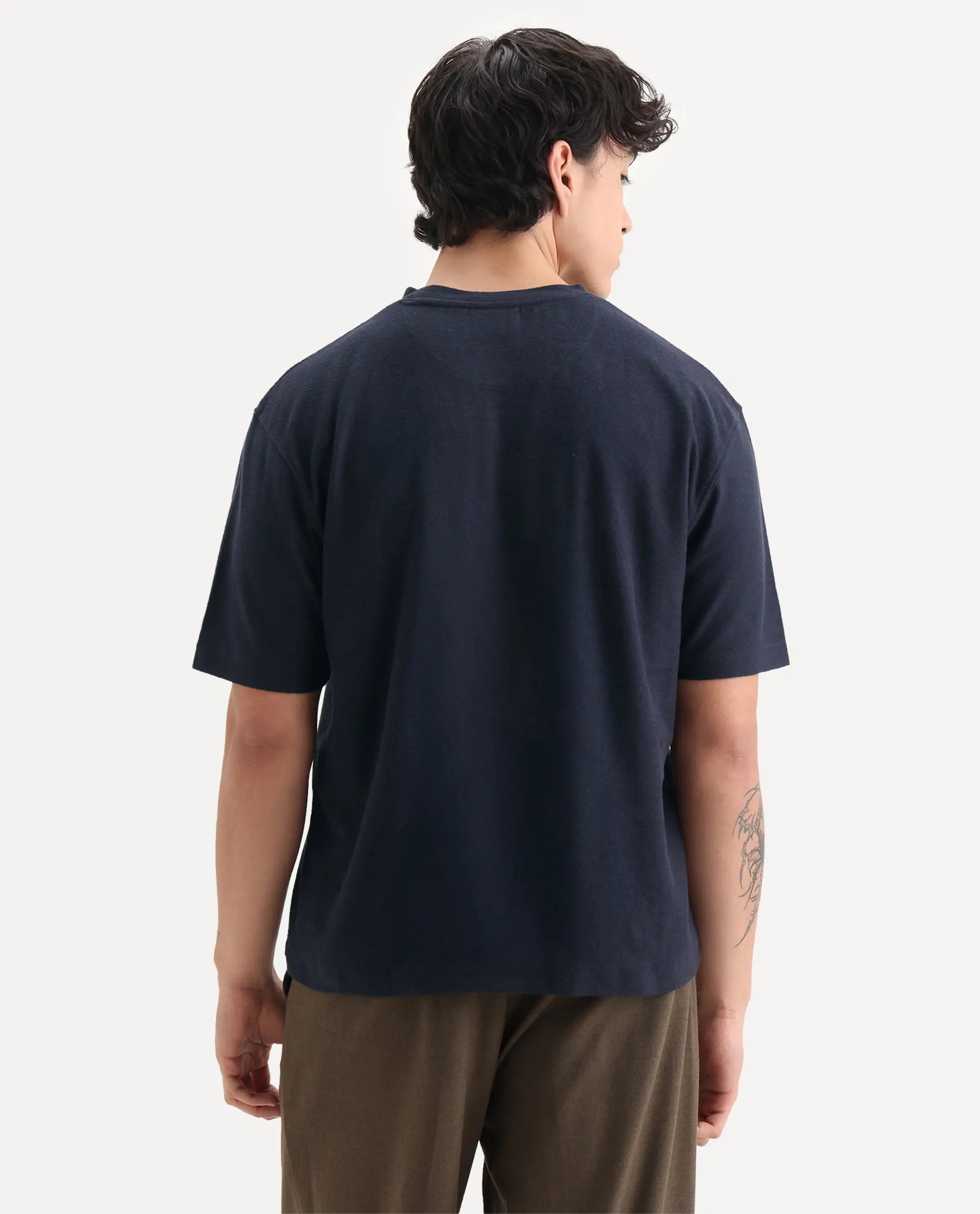 Rare Rabbit Men's Loopet Navy Cotton Embroidered Oversized Fit Half Sleeve Crew Neck T-Shirt