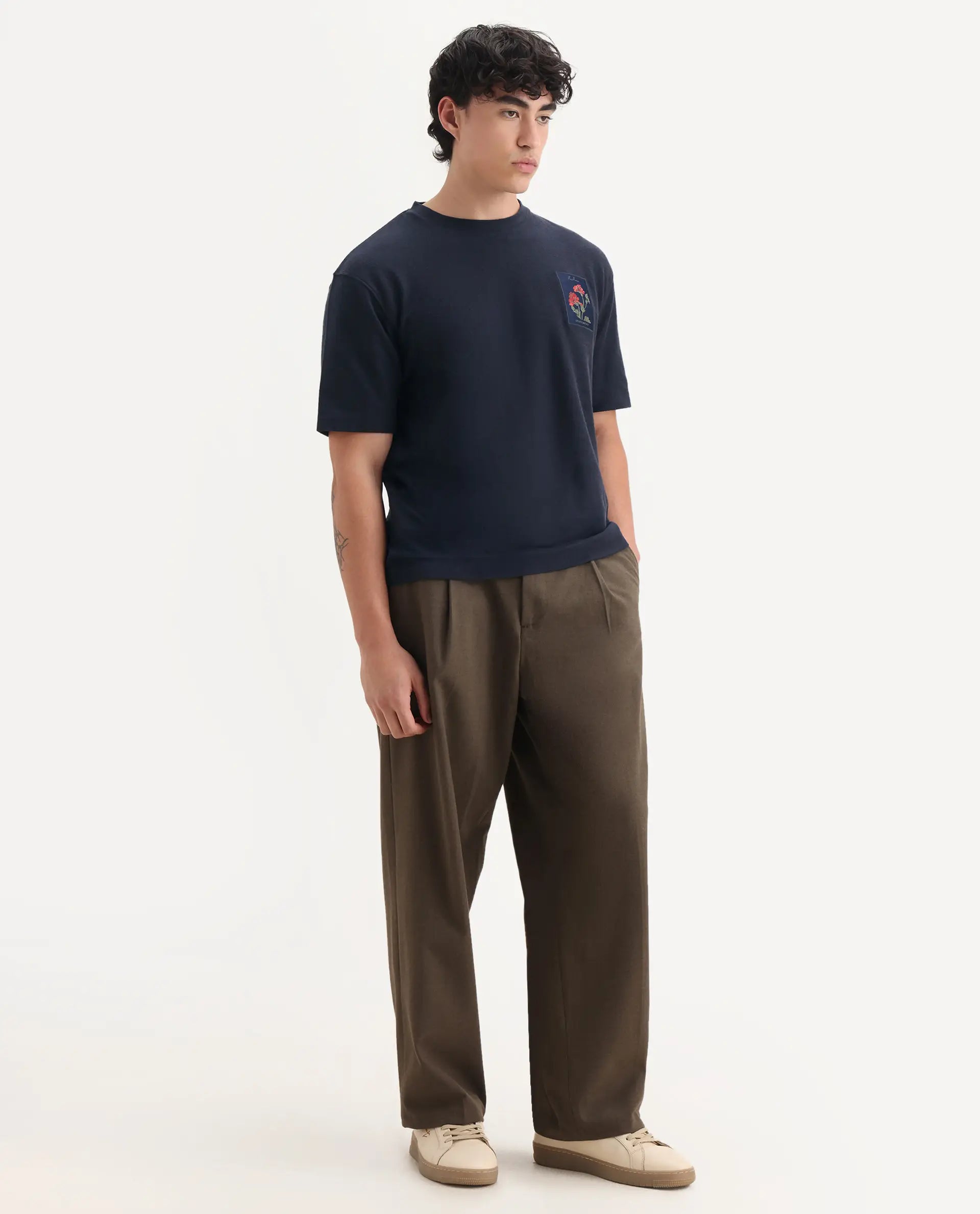 Rare Rabbit Men's Loopet Navy Cotton Embroidered Oversized Fit Half Sleeve Crew Neck T-Shirt