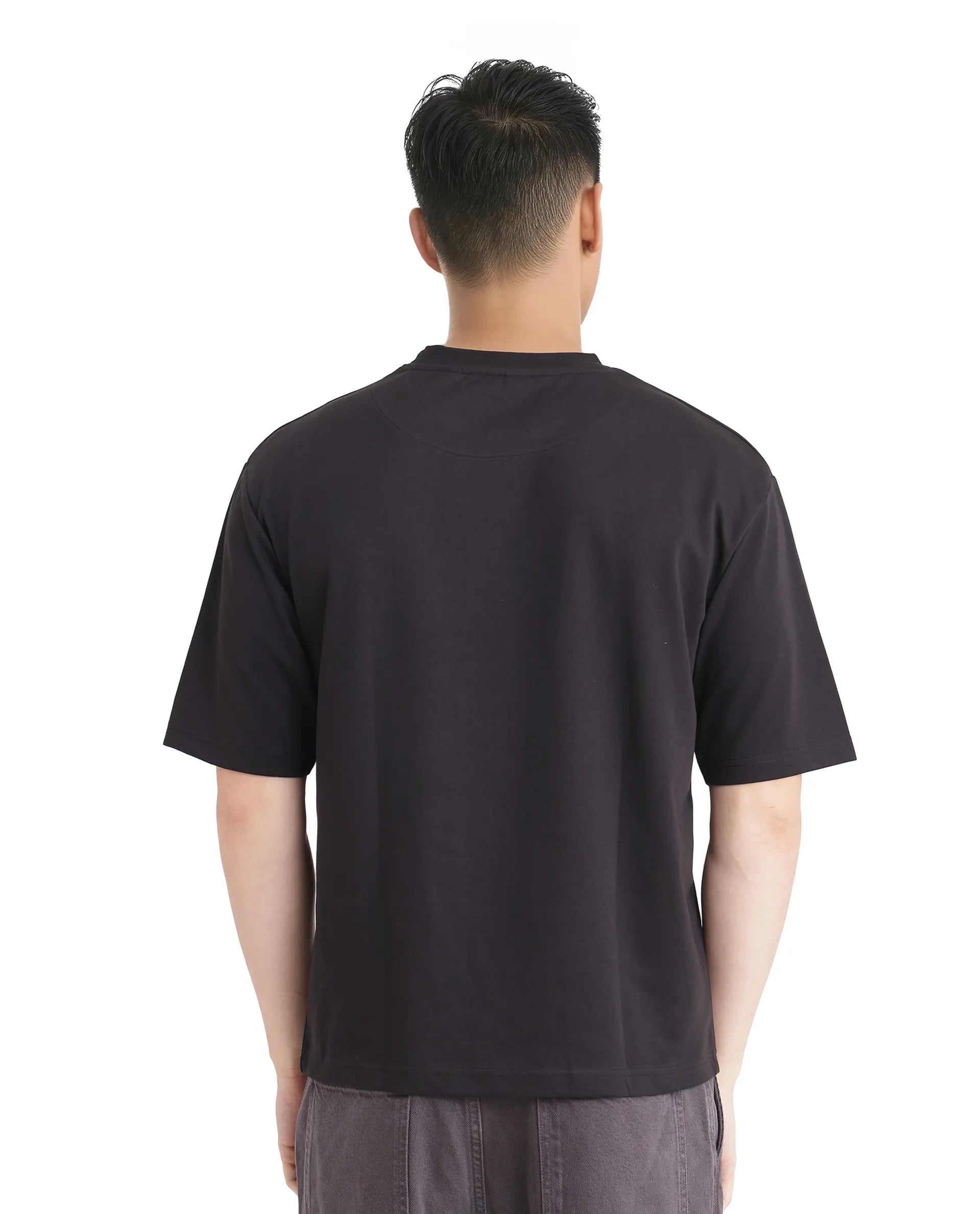 Rare Rabbit Men Lop Black Cotton Poly Fabric Short Sleeve Boxy Fit Printed T-Shirt