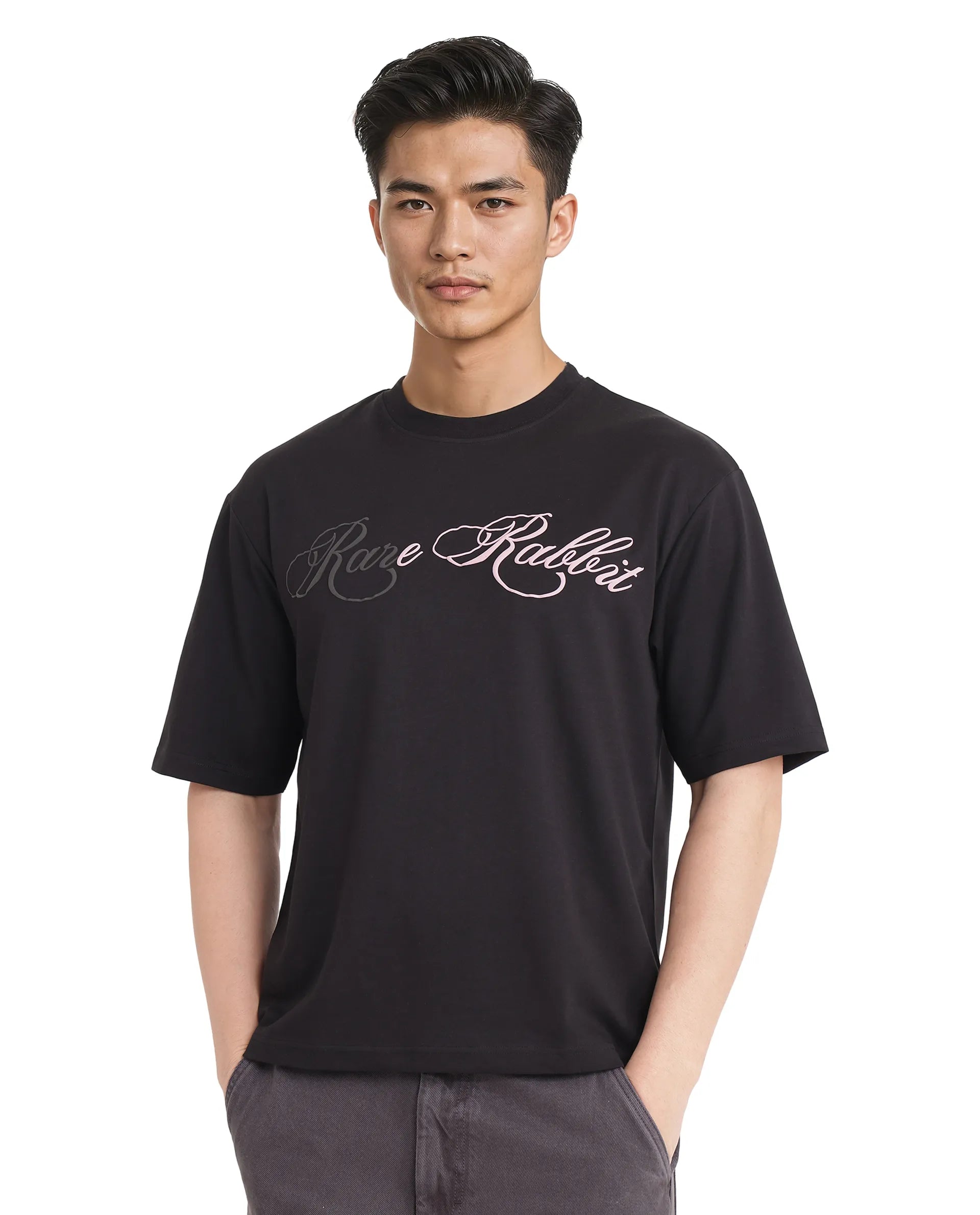 Rare Rabbit Men Lop Black Cotton Poly Fabric Short Sleeve Boxy Fit Printed T-Shirt