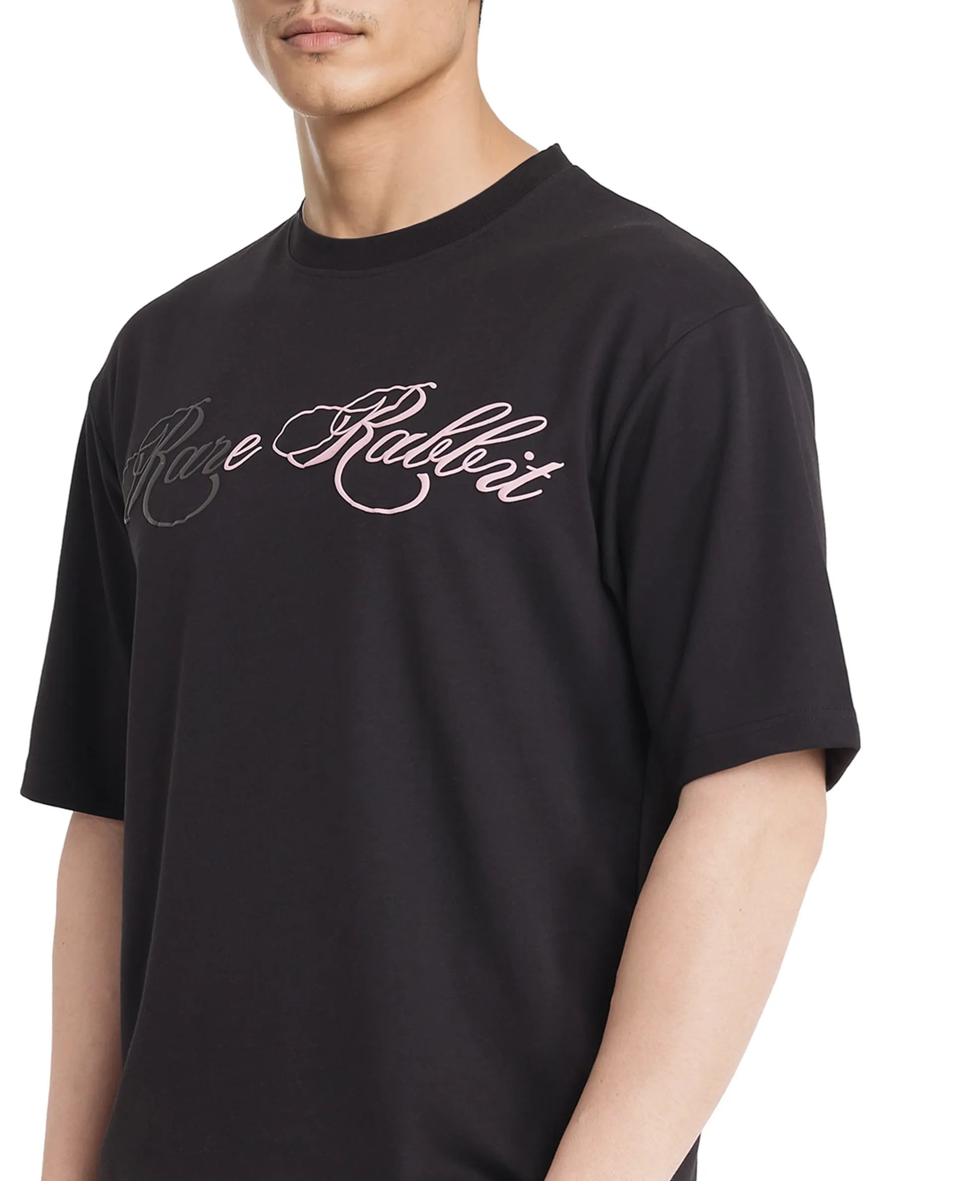 Rare Rabbit Men Lop Black Cotton Poly Fabric Short Sleeve Boxy Fit Printed T-Shirt