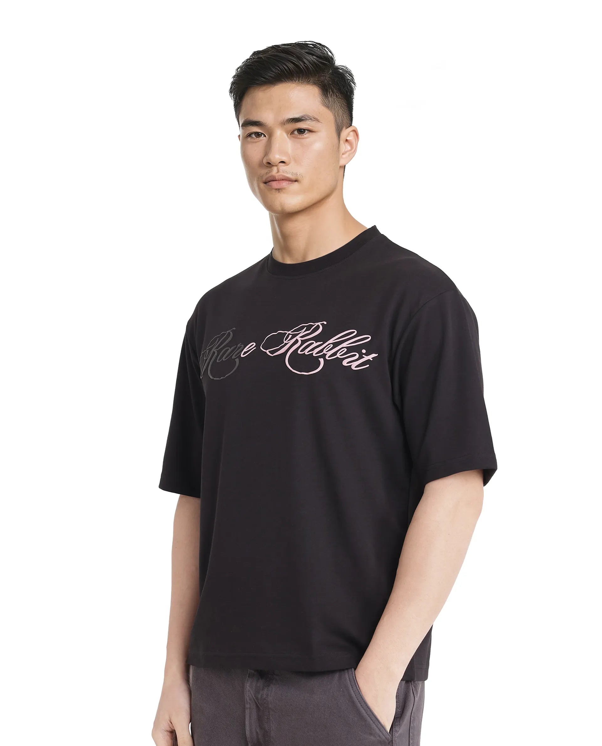 Rare Rabbit Men Lop Black Cotton Poly Fabric Short Sleeve Boxy Fit Printed T-Shirt