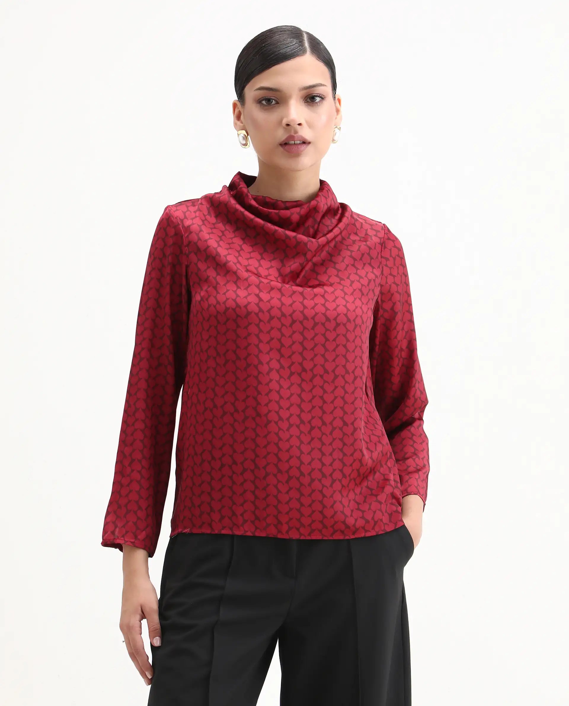 Rareism Women's Lop Maroon Satin High Neck Monogram Print Regular Fit Top