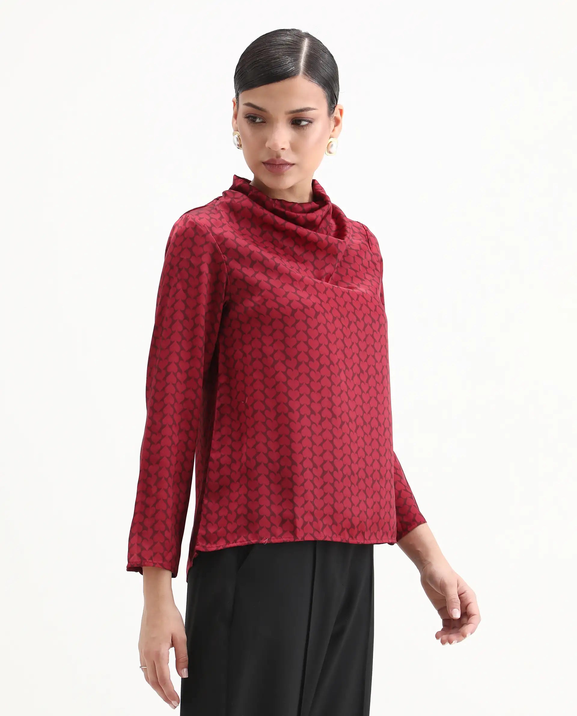 Rareism Women's Lop Maroon Satin High Neck Monogram Print Regular Fit Top