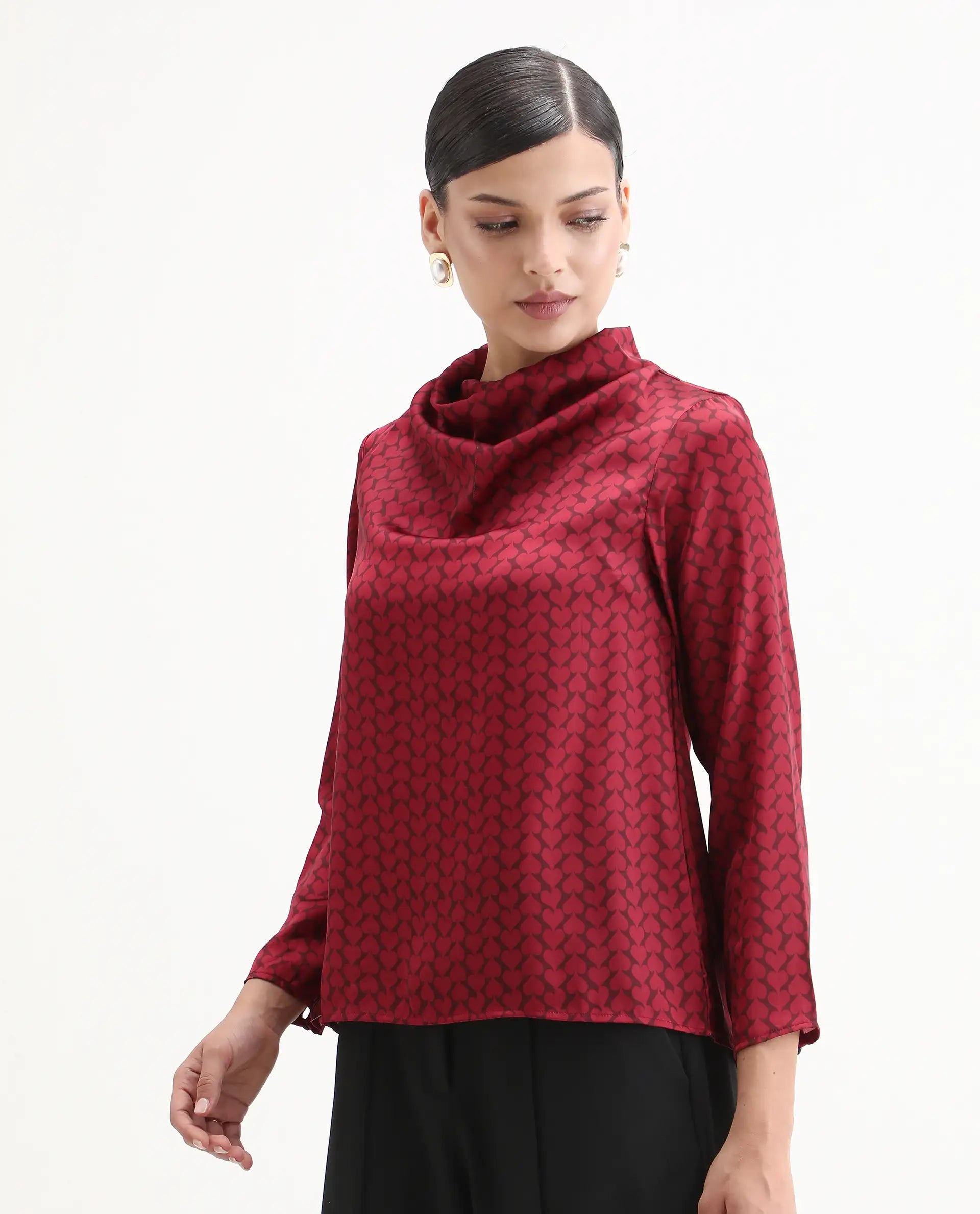 Rareism Women's Lop Maroon Satin High Neck Monogram Print Regular Fit Top