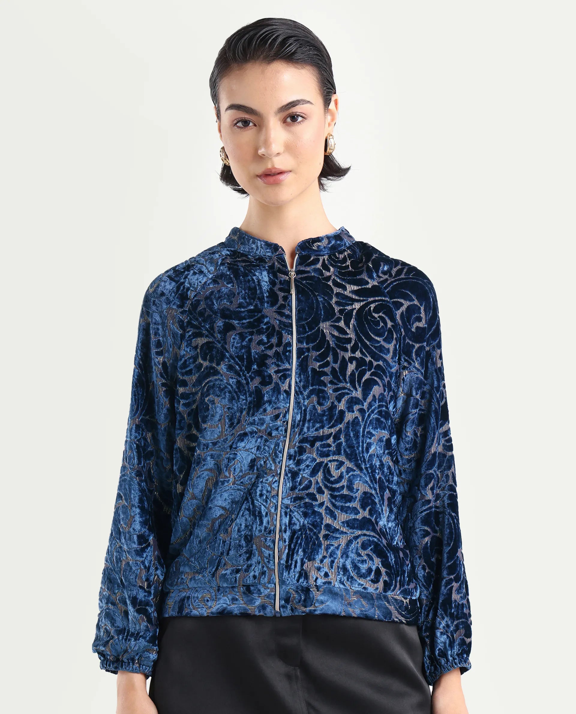 Rareism Women's Lopper Purple Velvet Mandarin Collar Abstract Print Raglan Sleeve Regular Fit Jacket