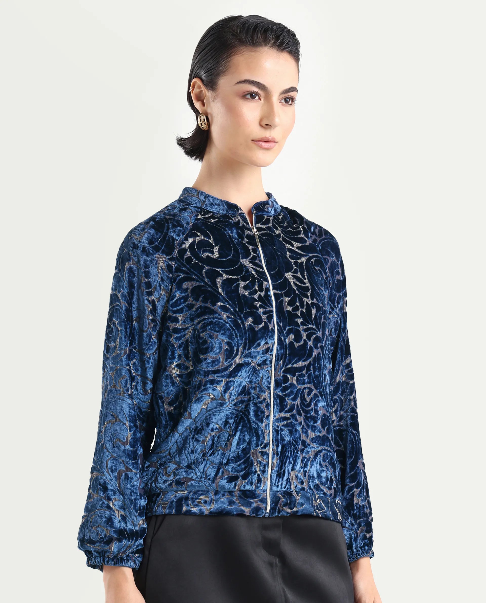 Rareism Women's Lopper Purple Velvet Mandarin Collar Abstract Print Raglan Sleeve Regular Fit Jacket