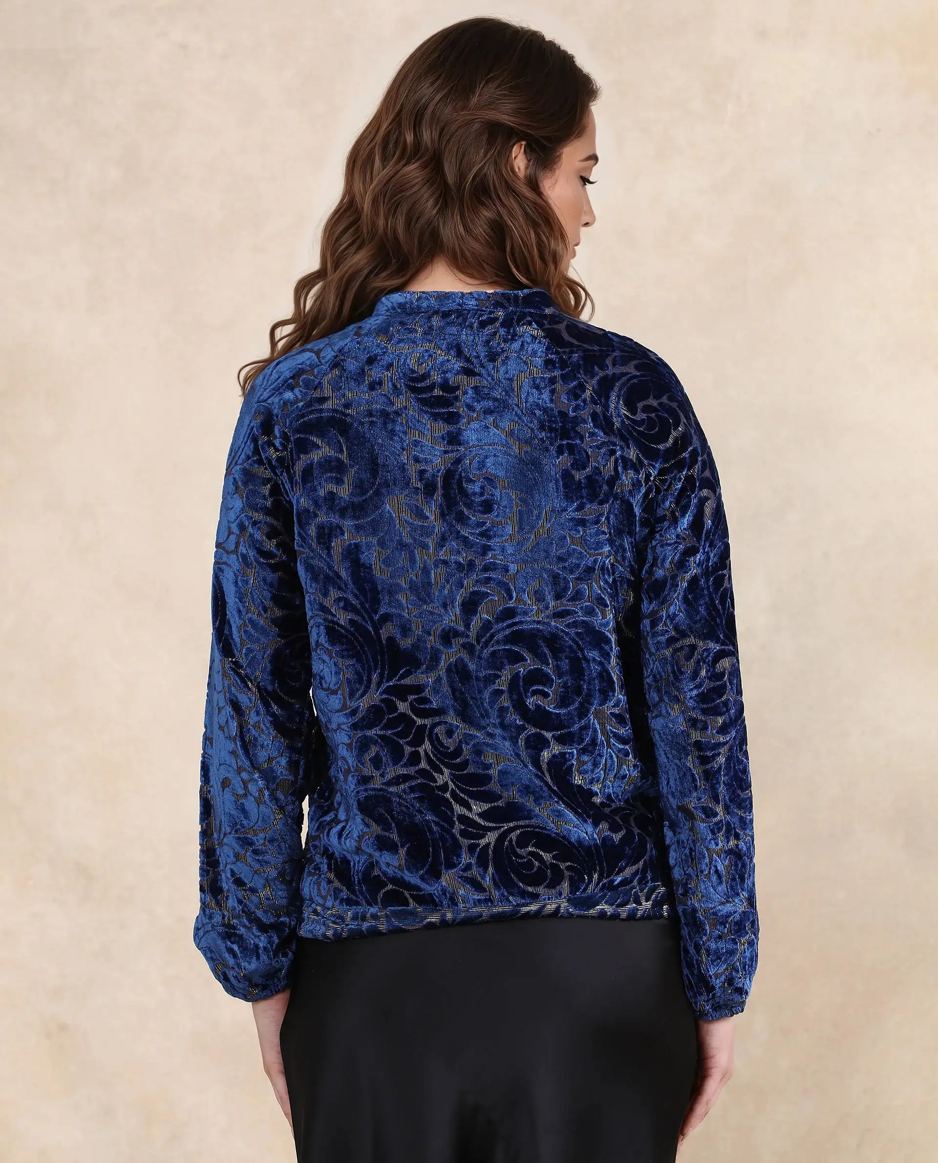 Rareism Women Lopper Purple Velvet Raglan Sleeves Mandarin Collar Zipper Closure Abstract Print Jacket