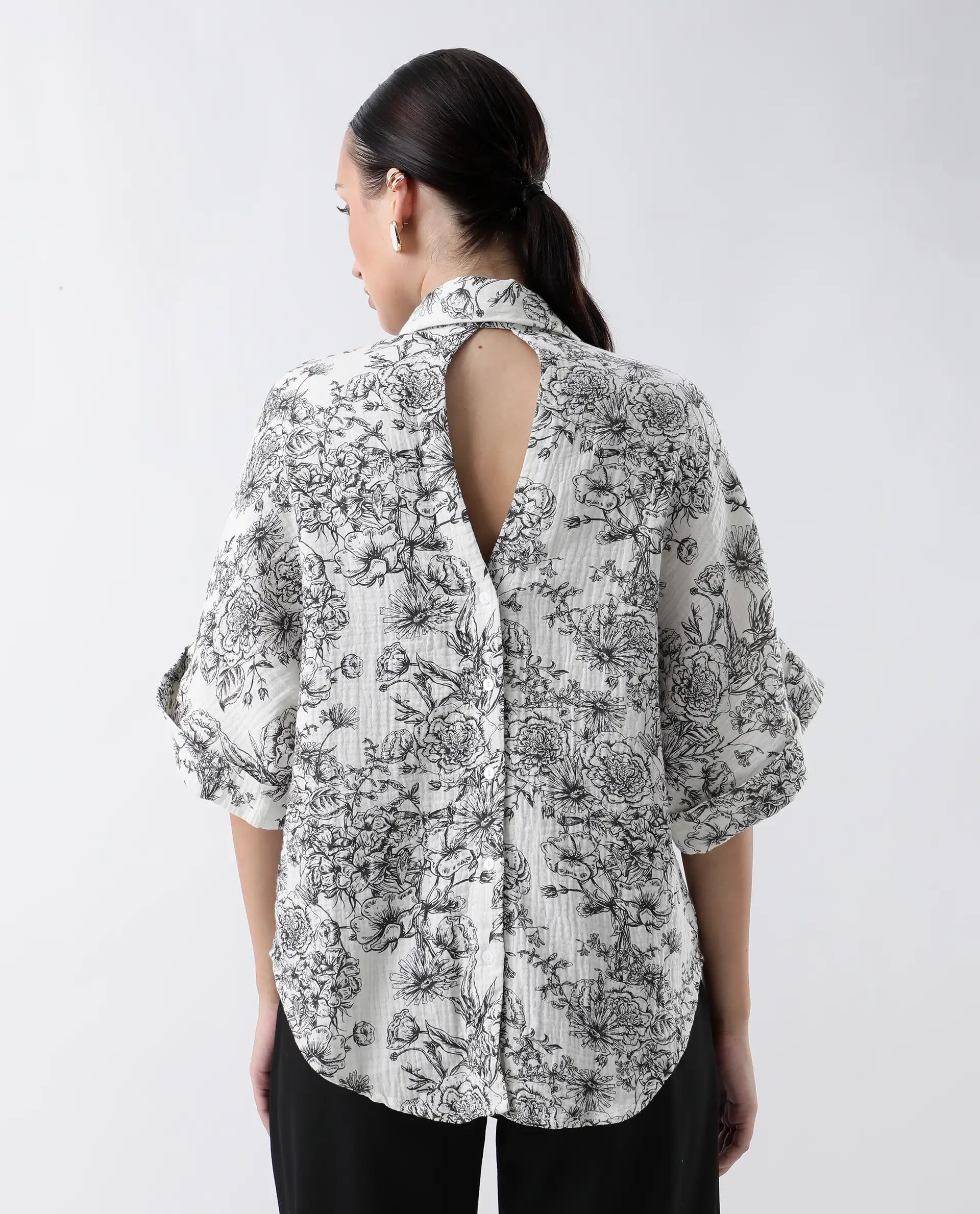 Rareism Women's Loraine Off White Cotton Drop Collar Floral Print Extended Sleeves Regular Fit Top