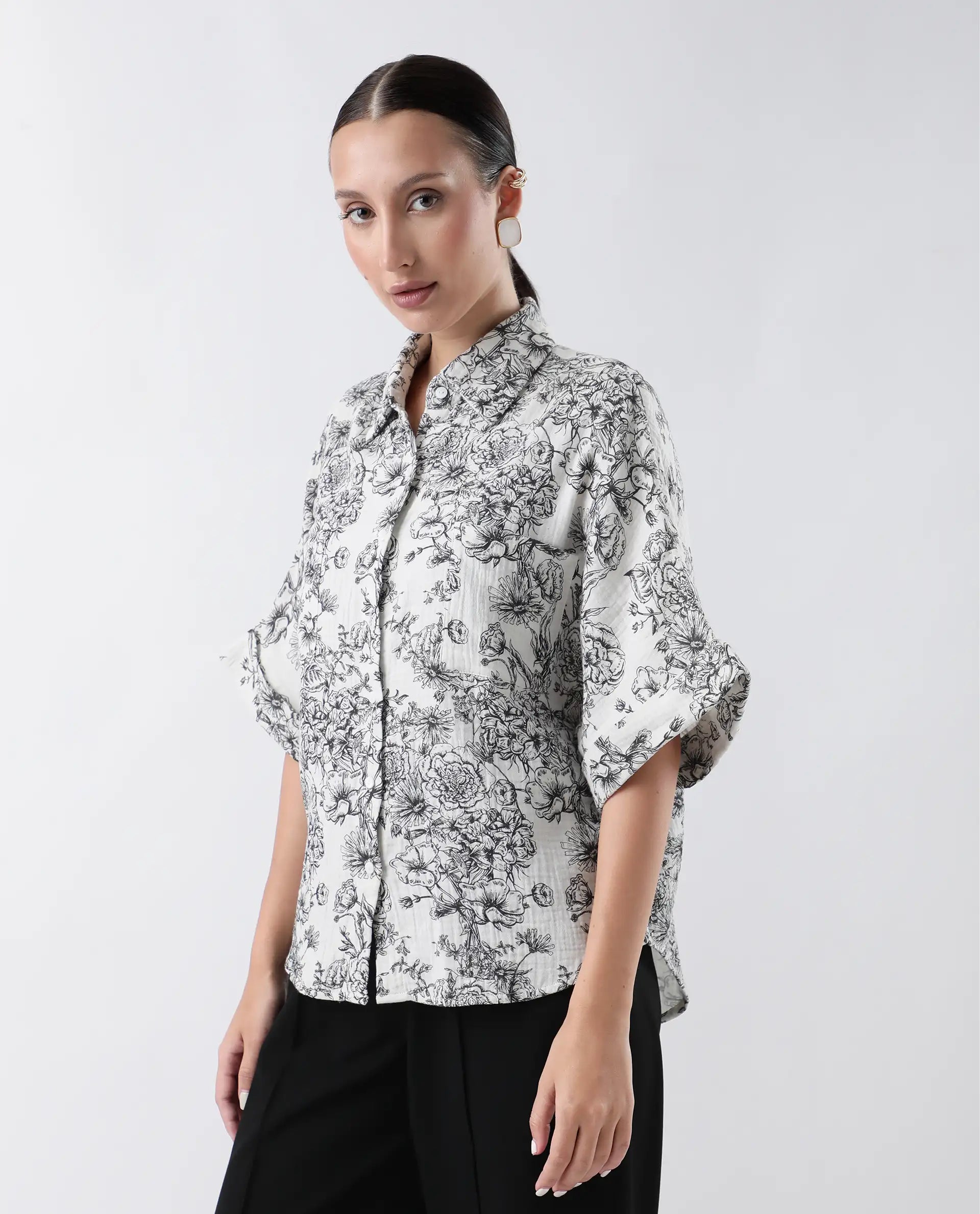 Rareism Women's Loraine Off White Cotton Drop Collar Floral Print Extended Sleeves Regular Fit Top