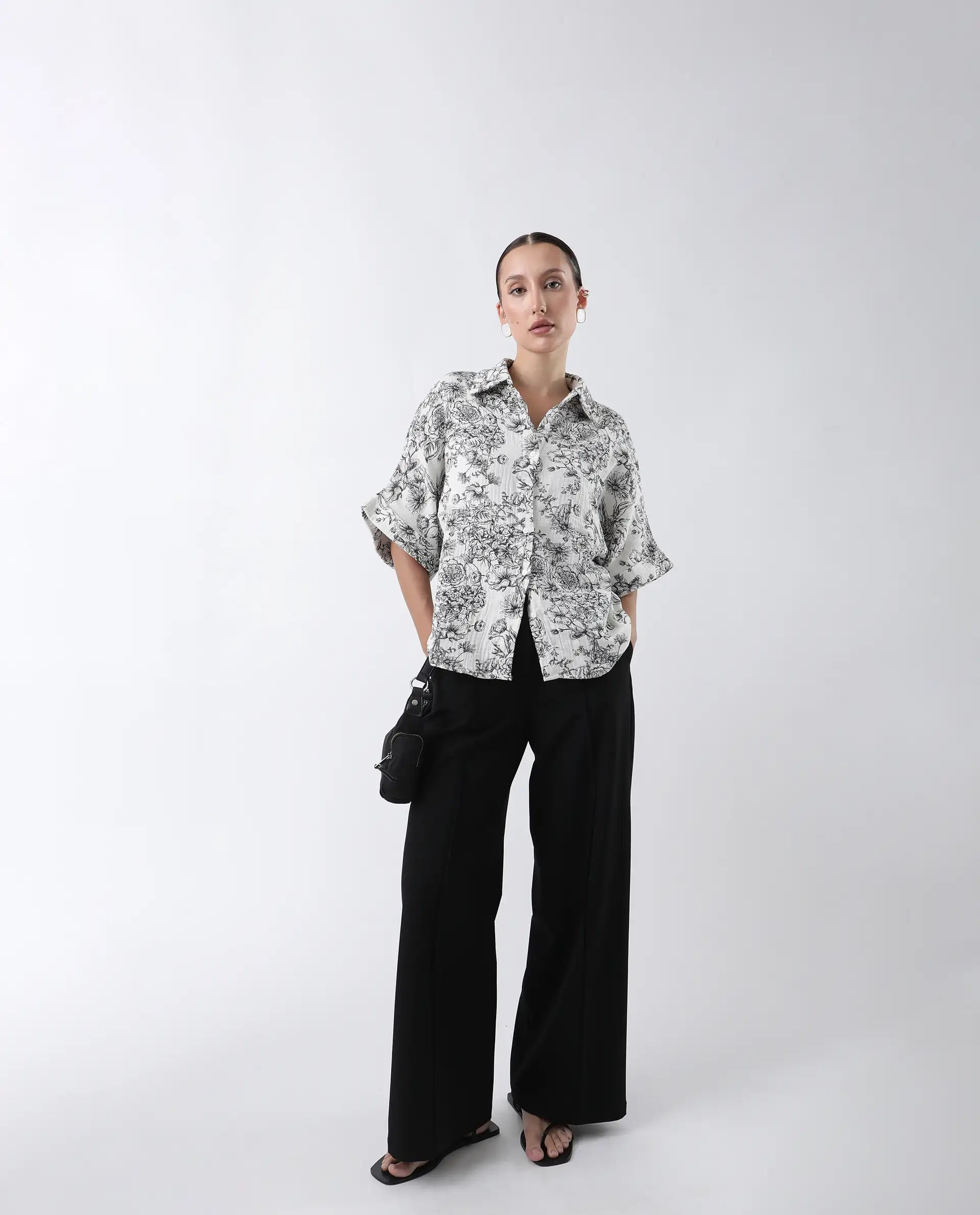 Rareism Women's Loraine Off White Cotton Drop Collar Floral Print Extended Sleeves Regular Fit Top