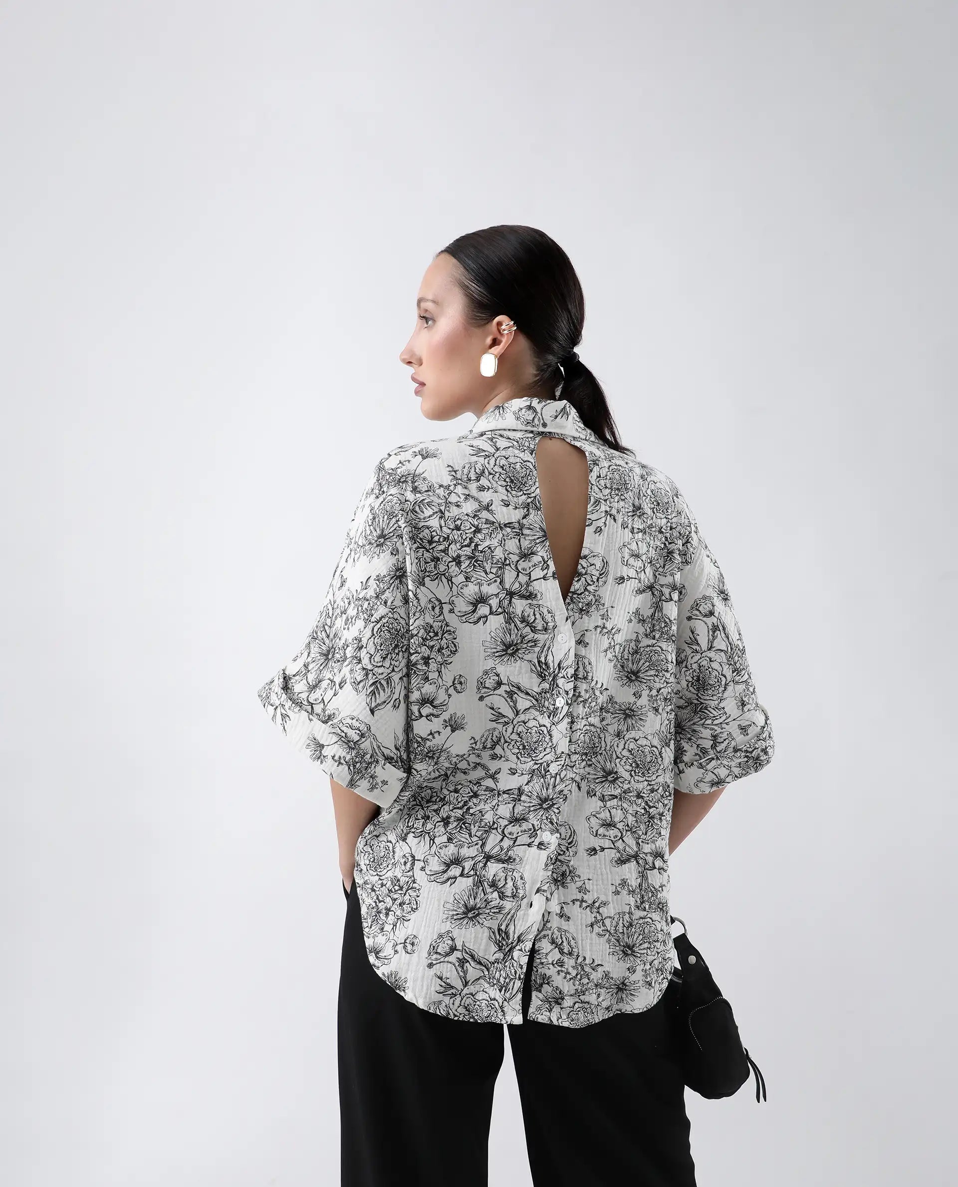 Rareism Women's Loraine Off White Cotton Drop Collar Floral Print Extended Sleeves Regular Fit Top