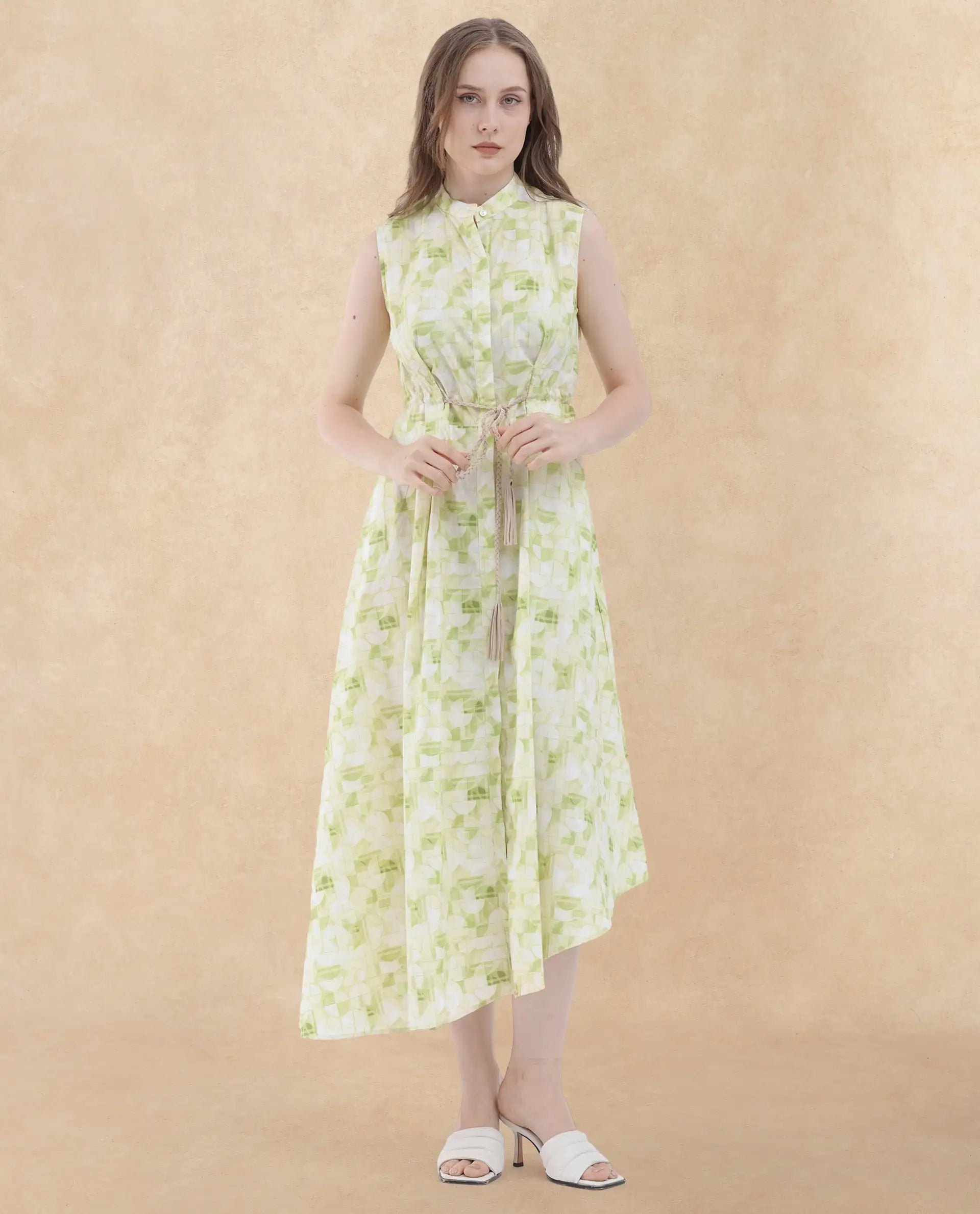 Rareism Women Loralai Green Cotton Fabric Button Closure Round Neck Sleeveless Flared Fit Geometric Print Maxi Dress