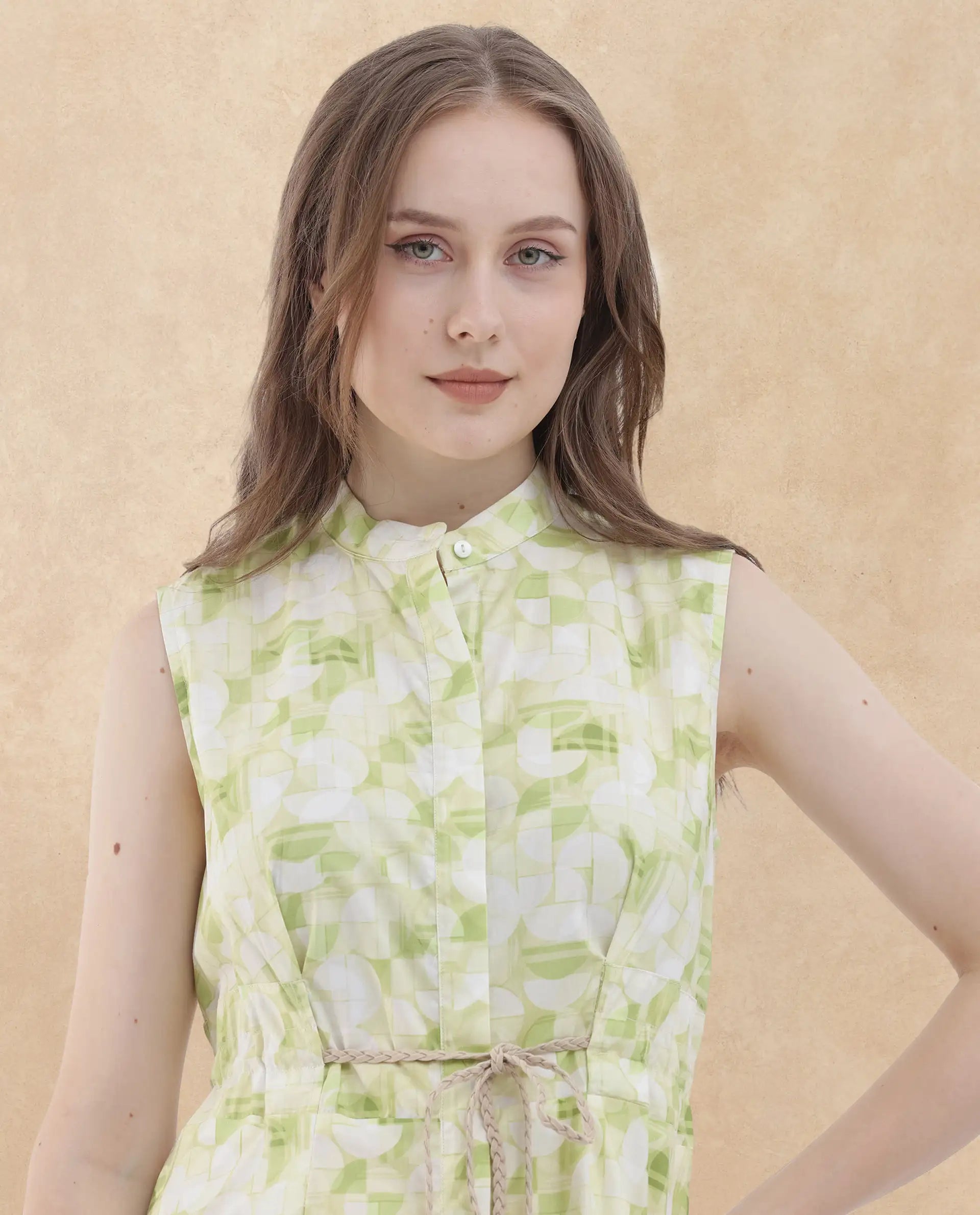 Rareism Women Loralai Green Cotton Fabric Button Closure Round Neck Sleeveless Flared Fit Geometric Print Maxi Dress