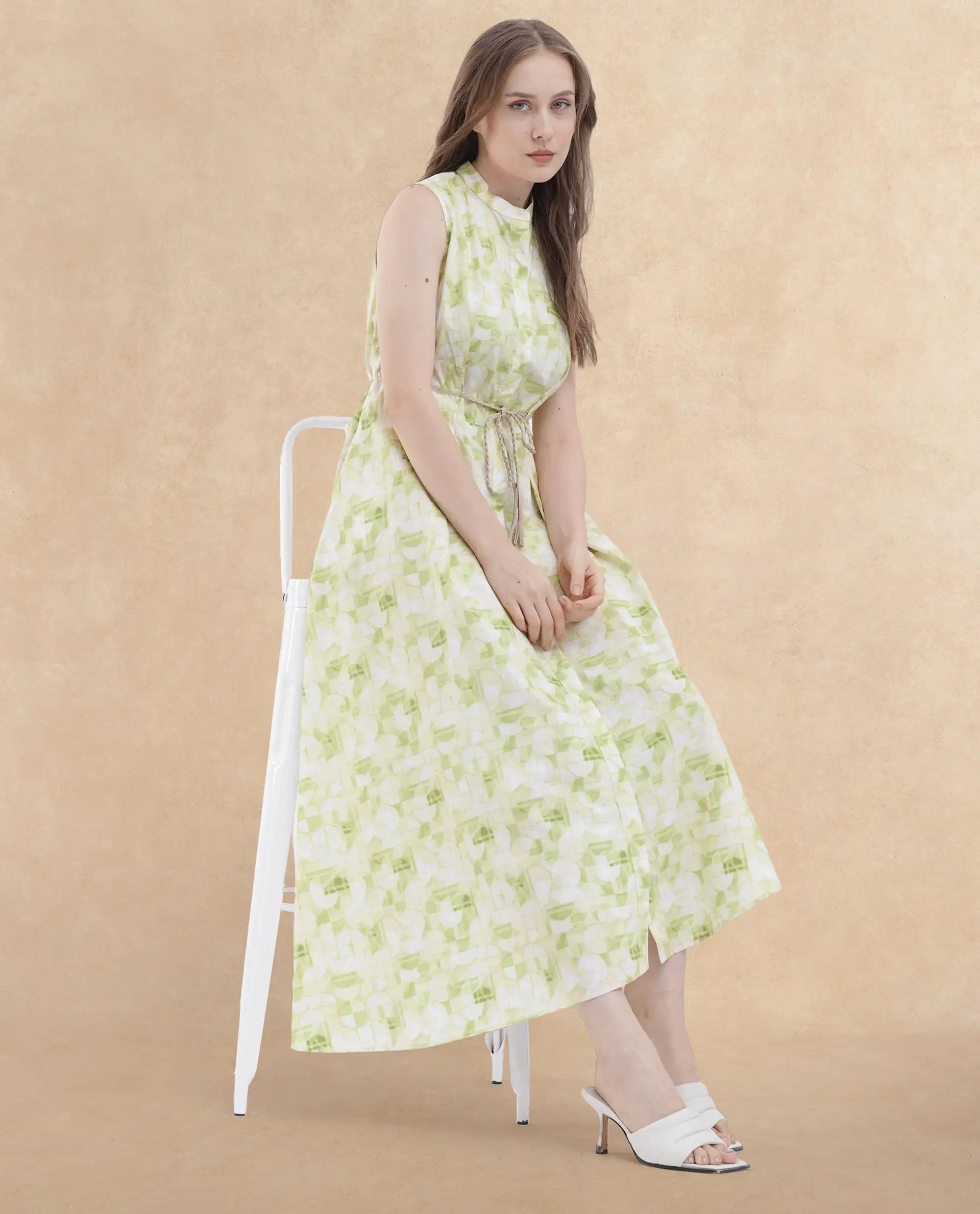 Rareism Women Loralai Green Cotton Fabric Button Closure Round Neck Sleeveless Flared Fit Geometric Print Maxi Dress