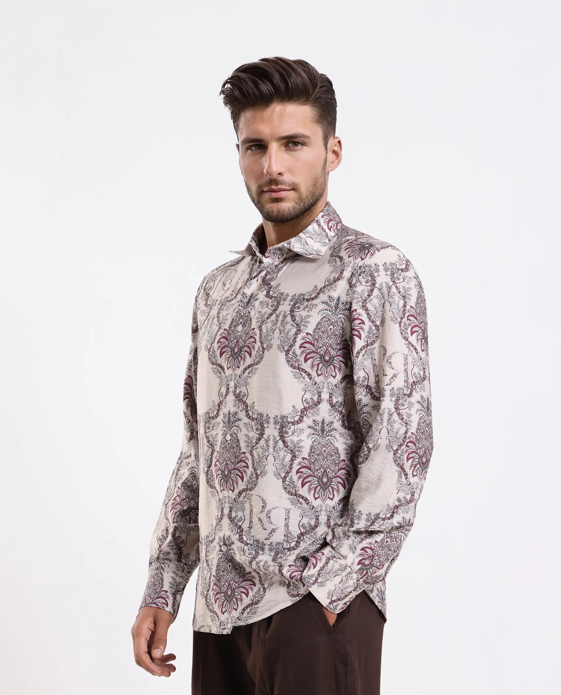 Rare Rabbit Men's Lorat Dusky Peach Viscose Digital Print Regular Fit Full Sleeve Collared Shirt