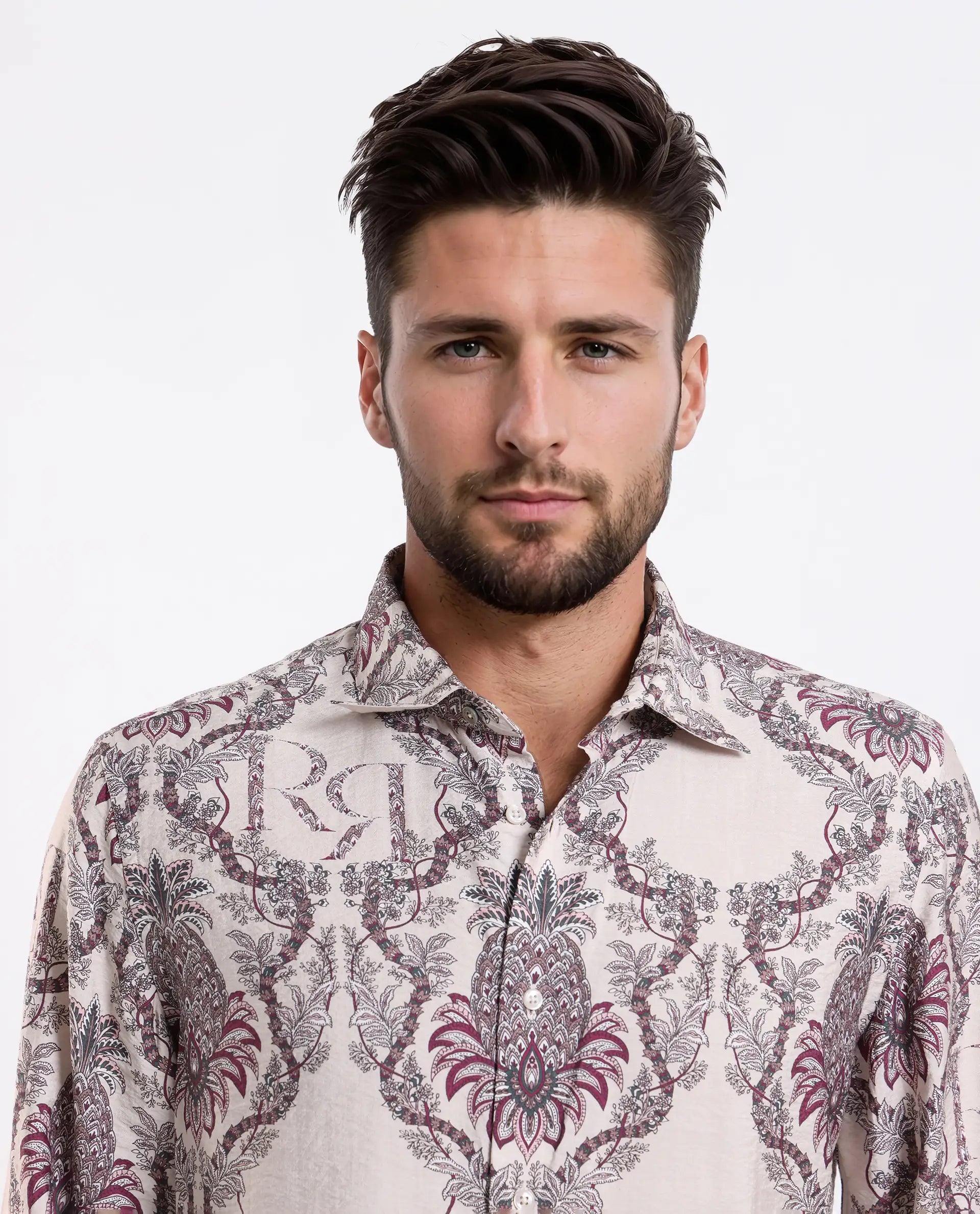 Rare Rabbit Men's Lorat Dusky Peach Viscose Digital Print Regular Fit Full Sleeve Collared Shirt