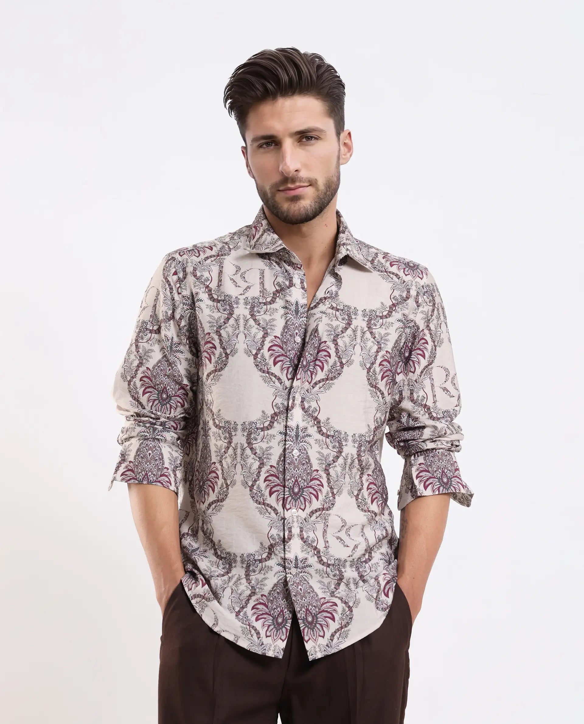 Rare Rabbit Men's Lorat Dusky Peach Viscose Digital Print Regular Fit Full Sleeve Collared Shirt