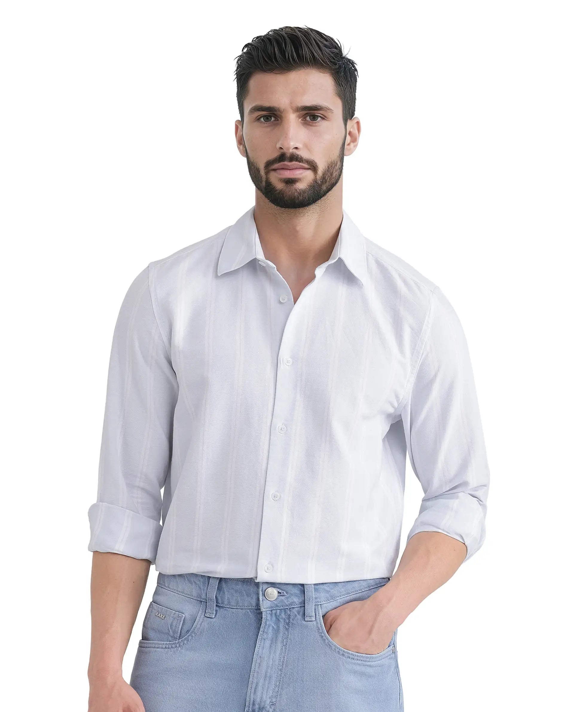 Rare Rabbit Men's Lorb Light Blue Cotton Fabric Full Sleeve Regular Collared Button Closure Stripe Print Shirt