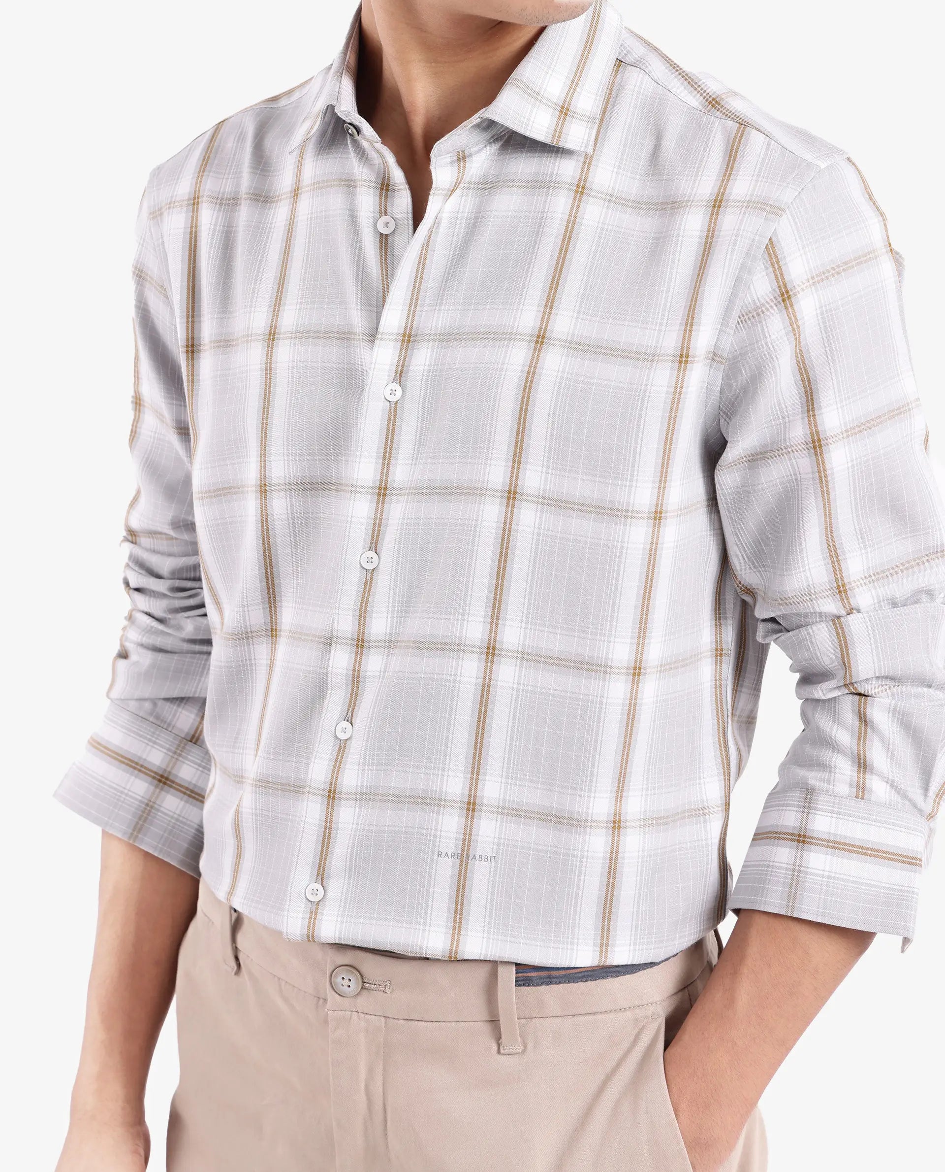 Rare Rabbit Men's Lorde Light Grey Cotton Fabric Regular Fit Checks Shirt