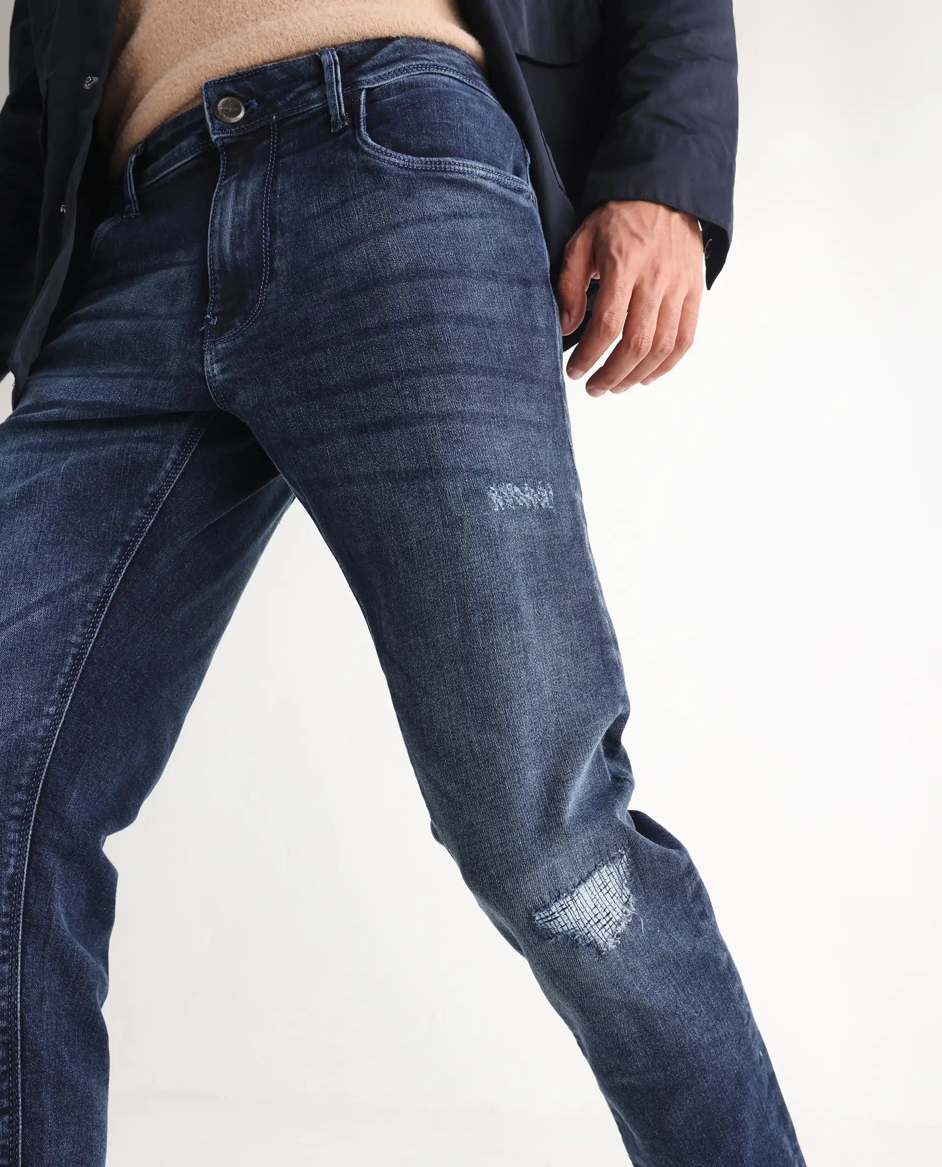 Rare Rabbit Men's Lormes Light Blue Cotton Plain Hawk Slim Fit Jeans