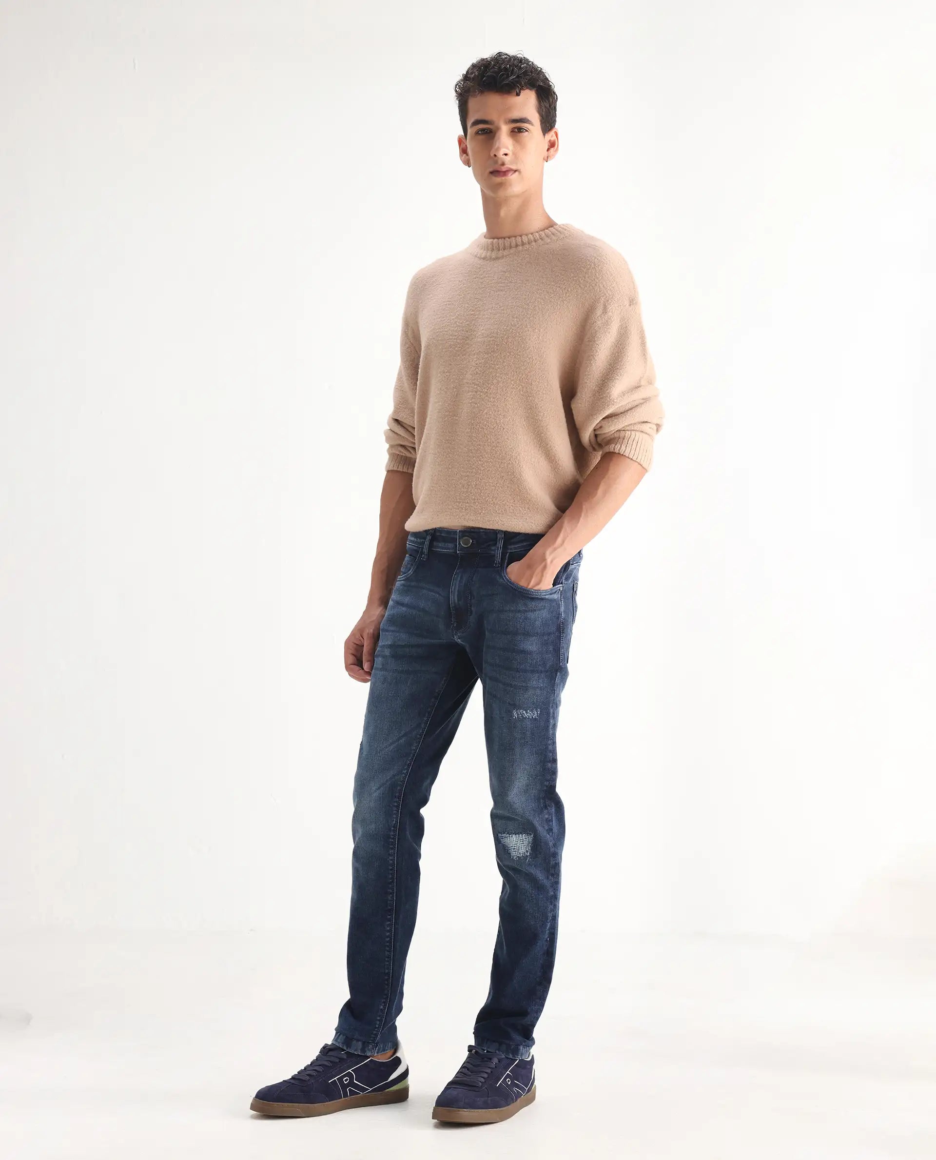 Rare Rabbit Men's Lormes Light Blue Cotton Plain Hawk Slim Fit Jeans