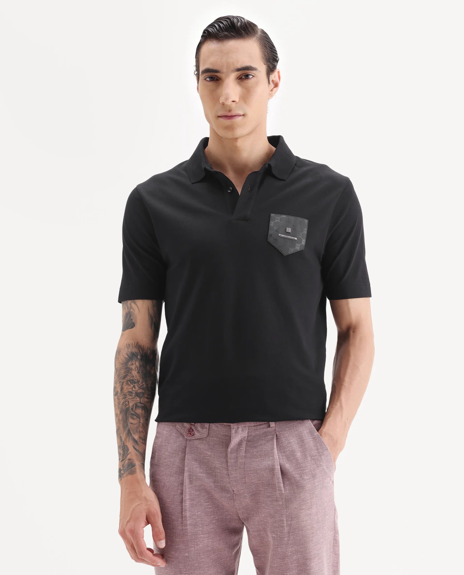 Rare Rabbit Men's Lorn Black Cotton Blend Fabric Half Sleeve Spread Collar Plain Polo