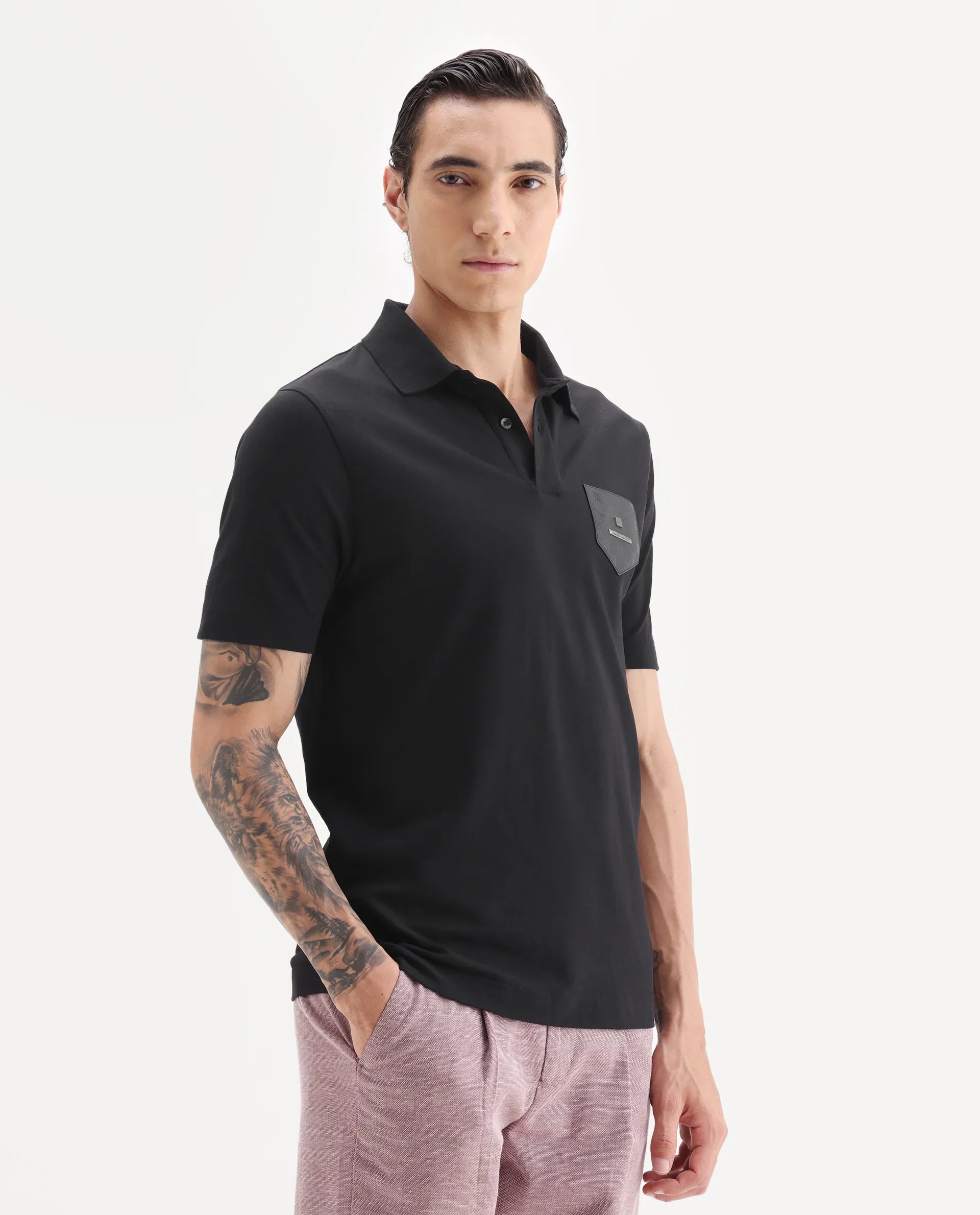 Rare Rabbit Men's Lorn Black Cotton Blend Fabric Half Sleeve Spread Collar Plain Polo