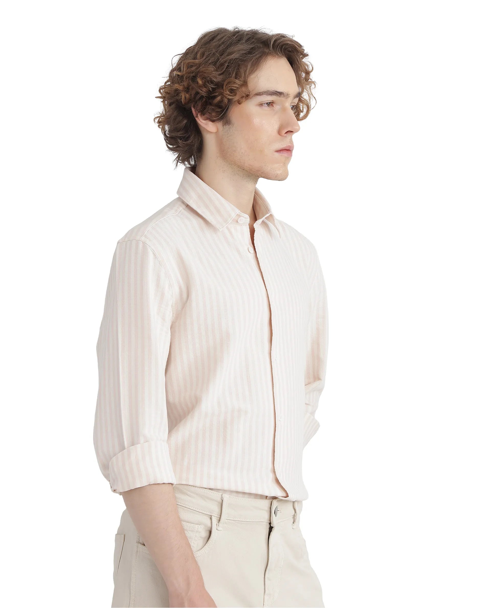 Rare Rabbit Men's Lorp Light Pink Cotton Fabric Full Sleeve Regular Fit Striped Shirt