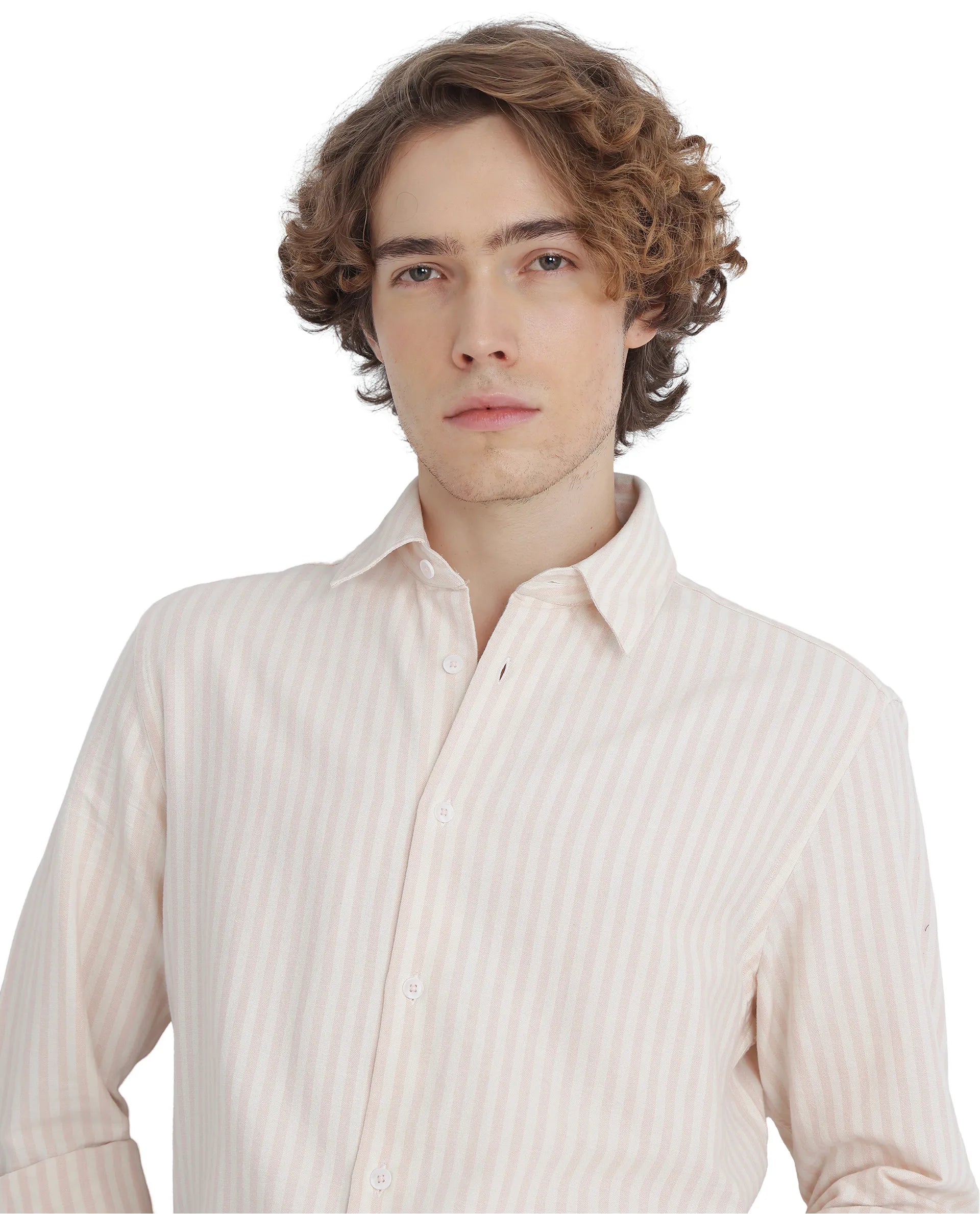 Rare Rabbit Men's Lorp Light Pink Cotton Fabric Full Sleeve Regular Fit Striped Shirt