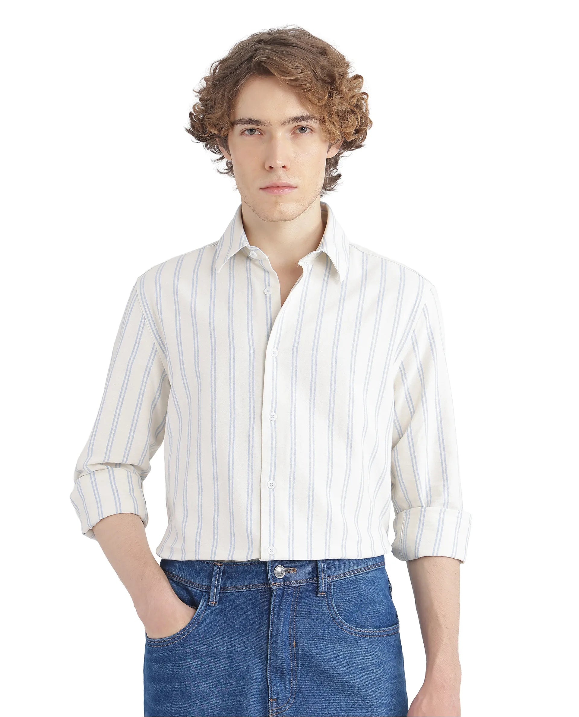 Rare Rabbit Men's Lorw Blue Cotton Fabric Full Sleeve Regular Fit Double Striped Shirt