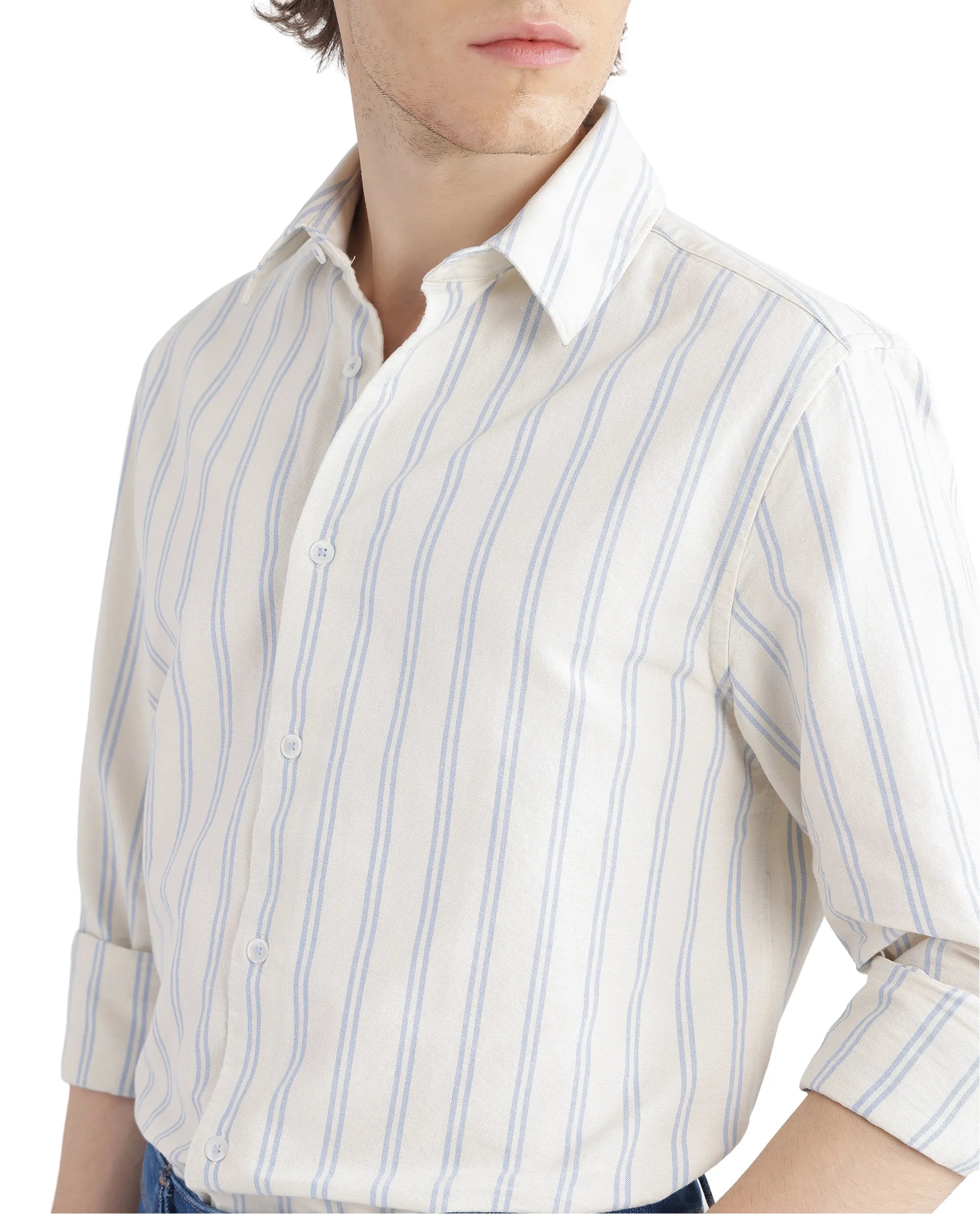 Rare Rabbit Men's Lorw Blue Cotton Fabric Full Sleeve Regular Fit Double Striped Shirt