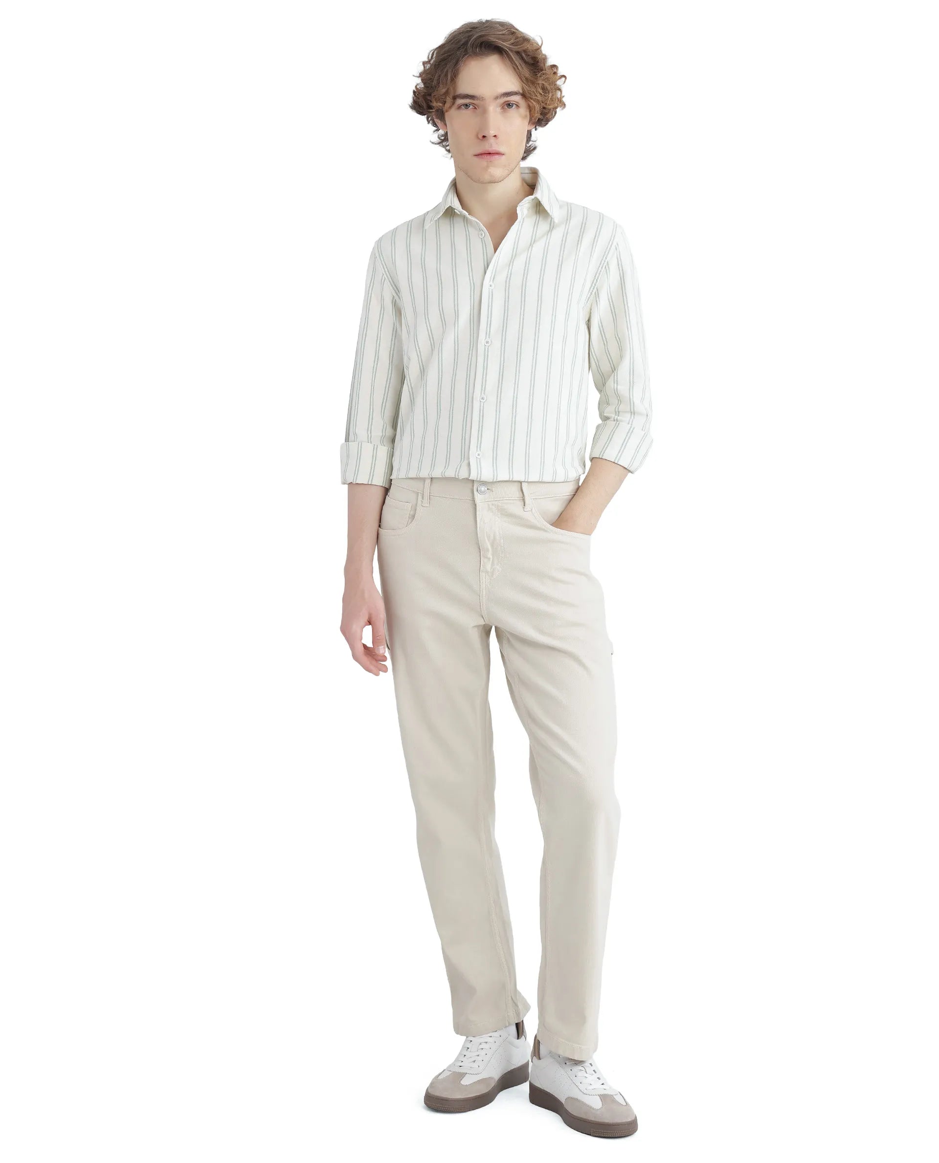 Rare Rabbit Men's Lorw Pastel Green Cotton Fabric Full Sleeve Collared Neck Button Closure Striped Shirt