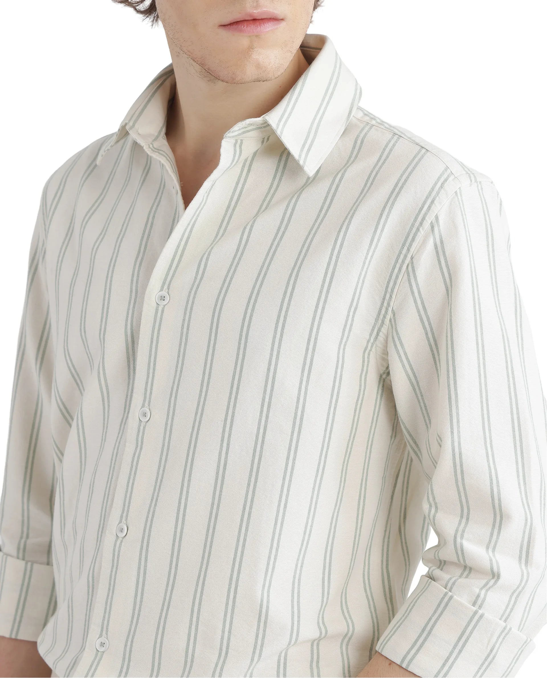 Rare Rabbit Men's Lorw Pastel Green Cotton Fabric Full Sleeve Collared Neck Button Closure Striped Shirt