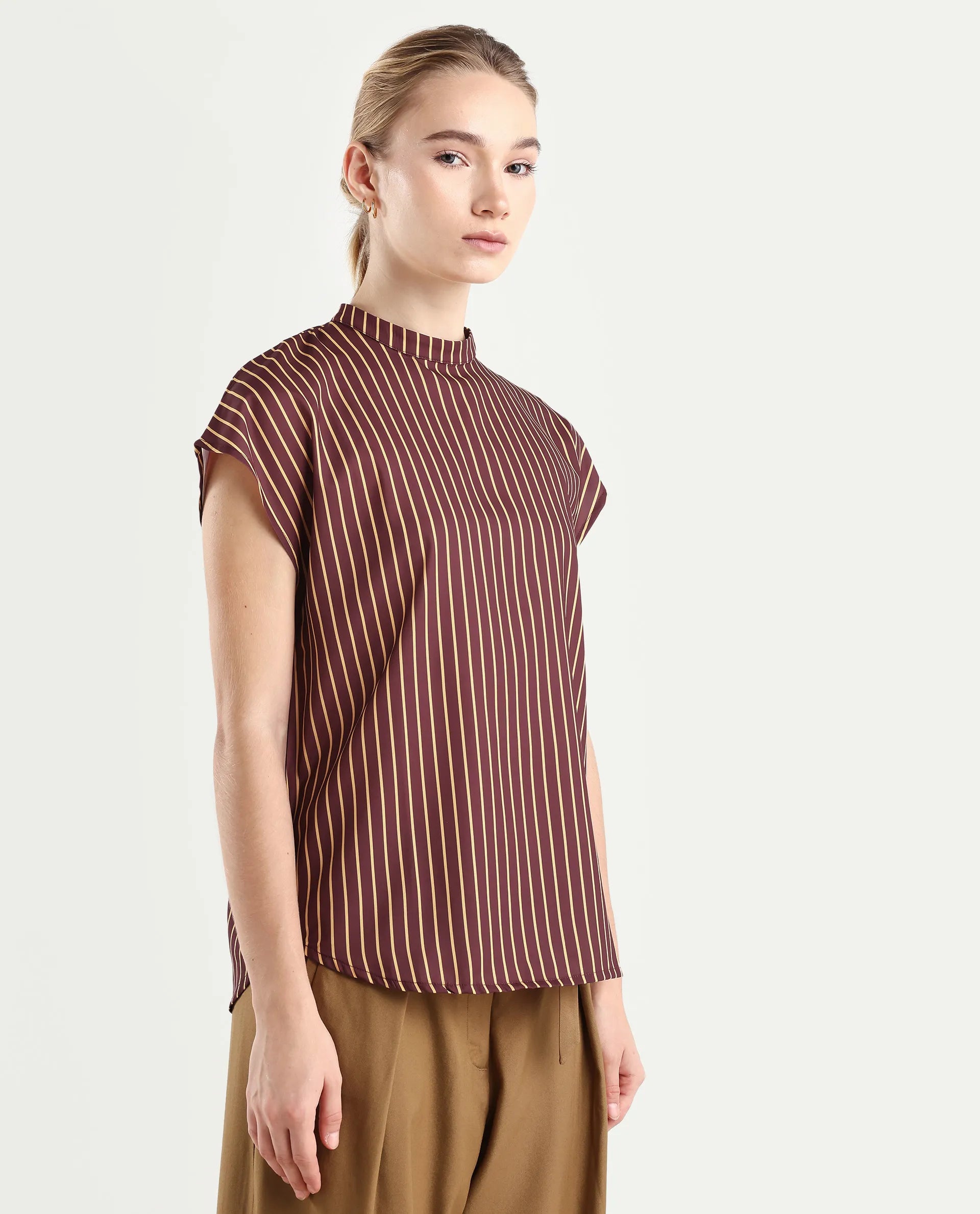 Rareism Women's Lossa Brown Polyester Blend High Neck Striped Extended Sleeves Regular Fit Top