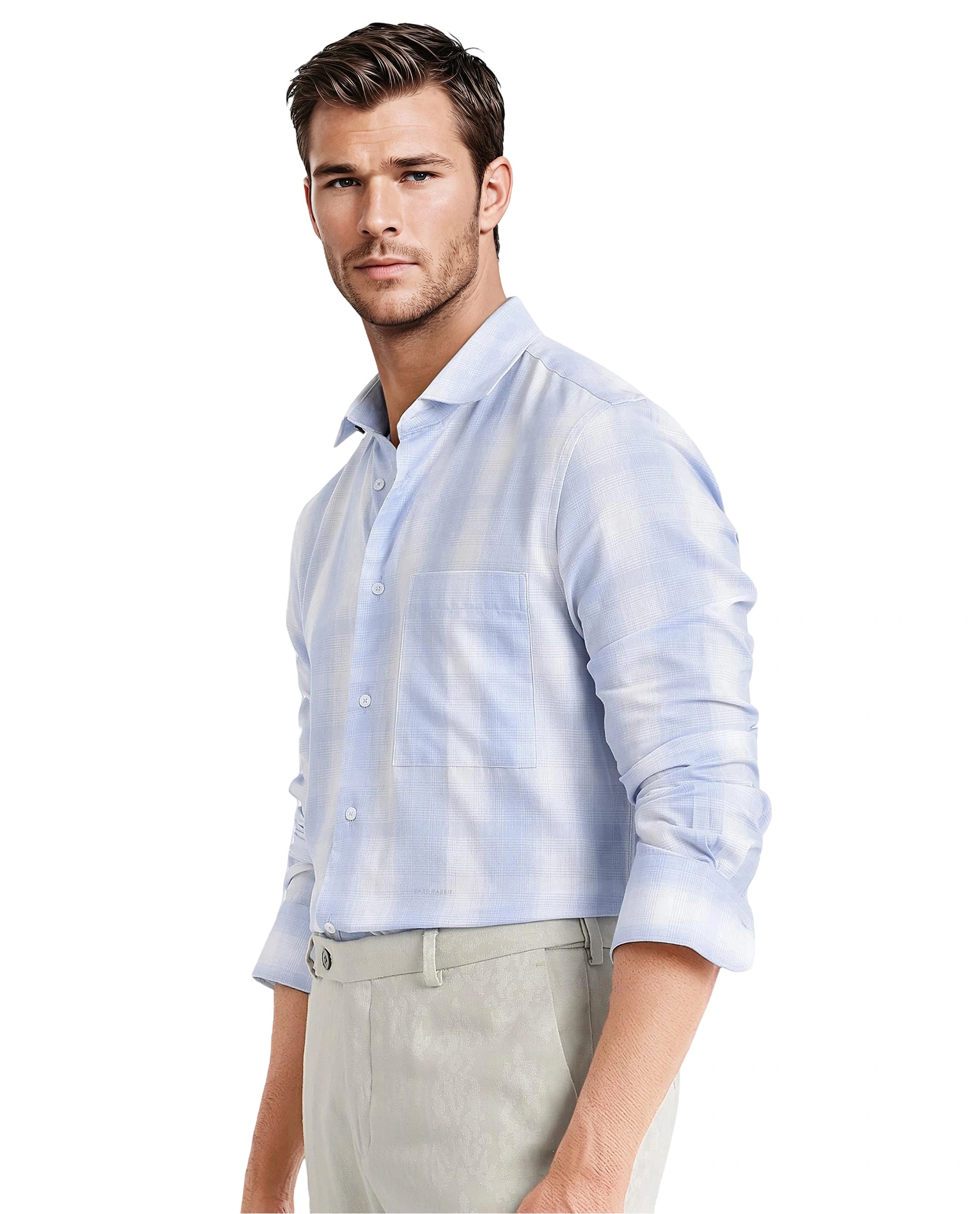 Rare Rabbit Men's Loto Light Blue Cotton Fabric Full Sleeve Regular Fit Checks Shirt