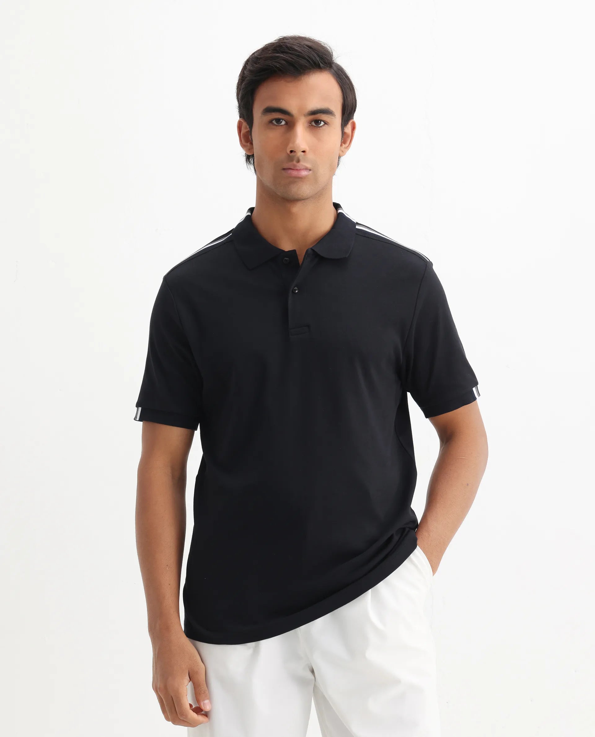 Rare Rabbit Men Loui Black Cotton Fabric Striped Short Sleeve And Collar Neck Plain Polo