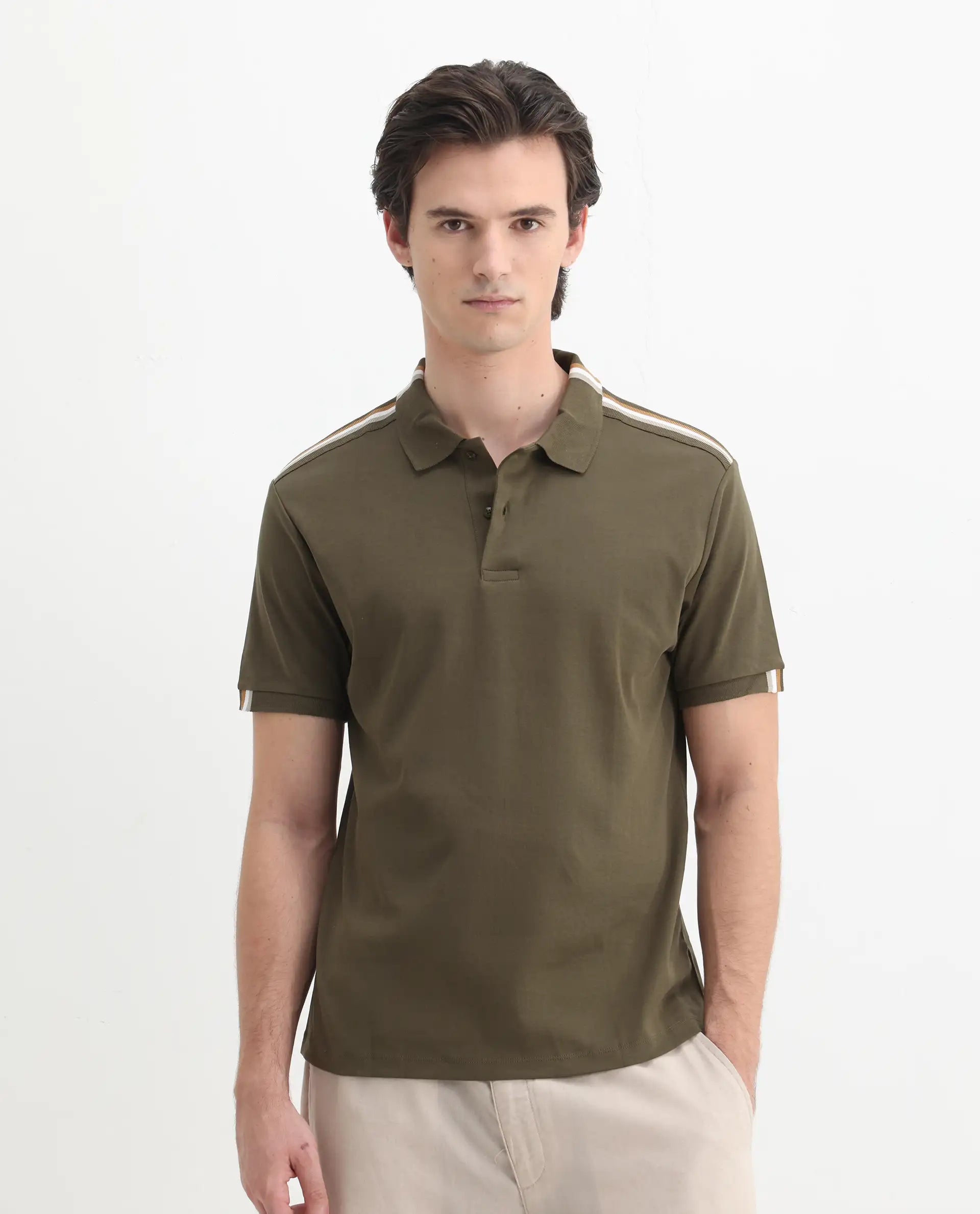 Rare Rabbit Men Loui Olive Cotton Fabric Striped Short Sleeve And Collar Neck Plain Polo