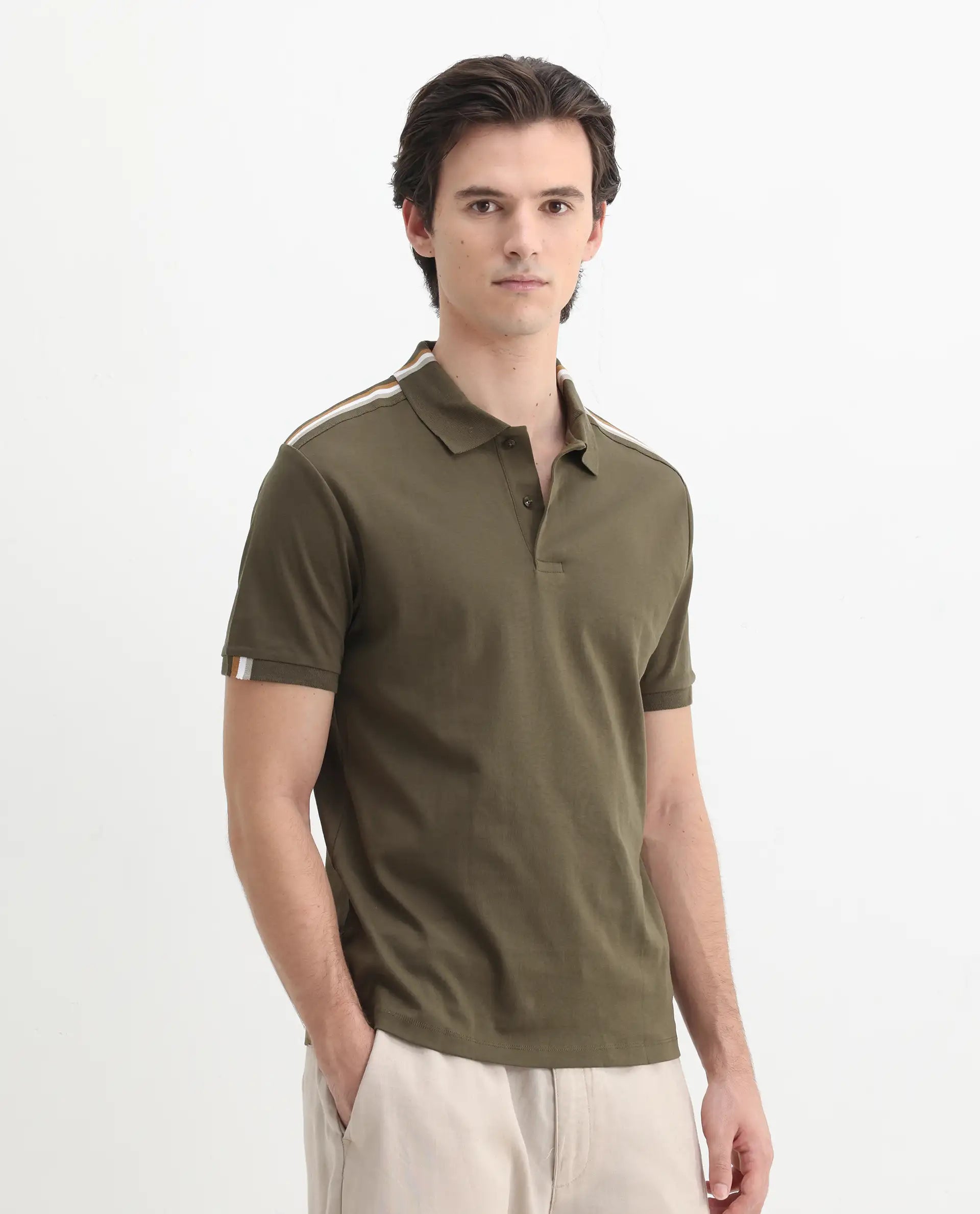 Rare Rabbit Men Loui Olive Cotton Fabric Striped Short Sleeve And Collar Neck Plain Polo