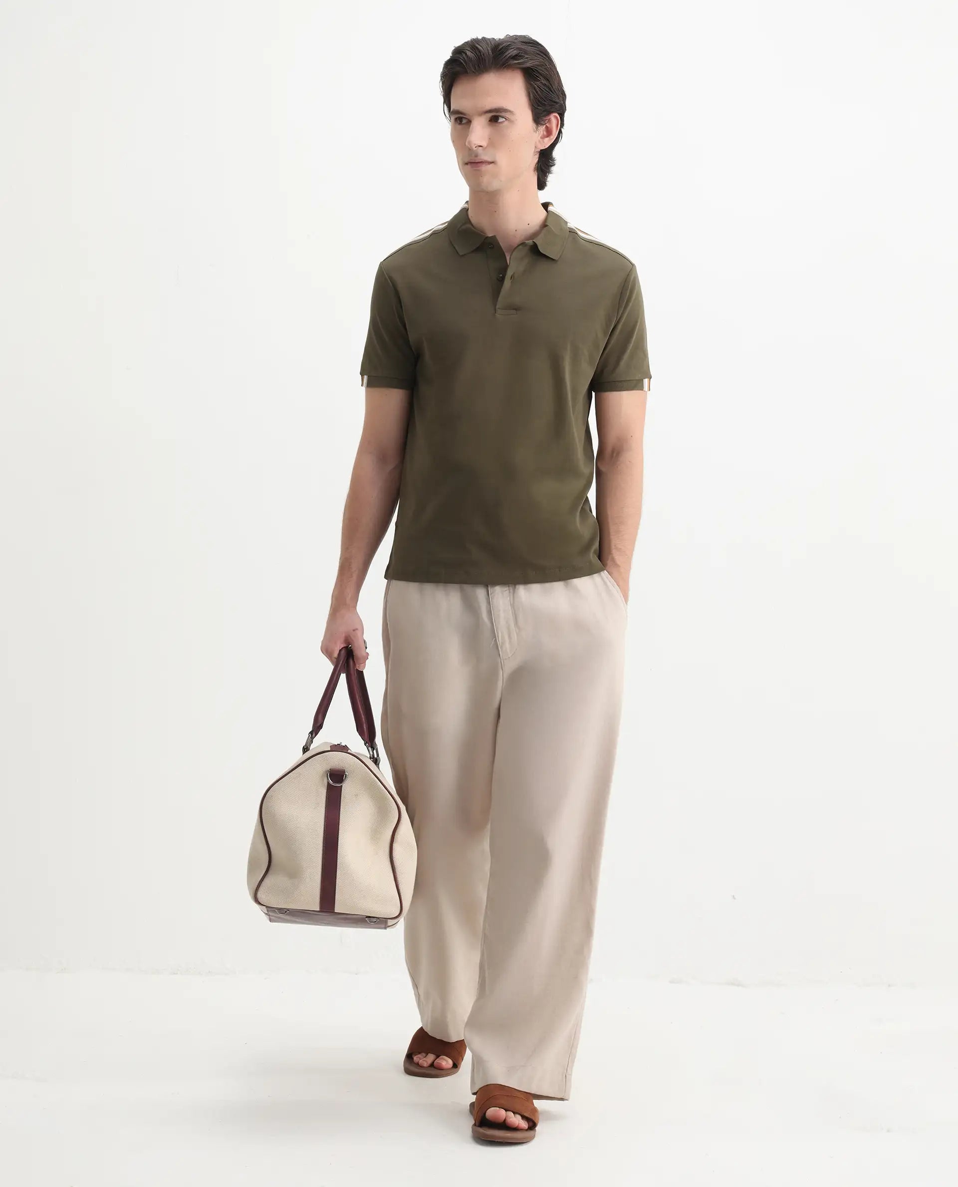 Rare Rabbit Men Loui Olive Cotton Fabric Striped Short Sleeve And Collar Neck Plain Polo